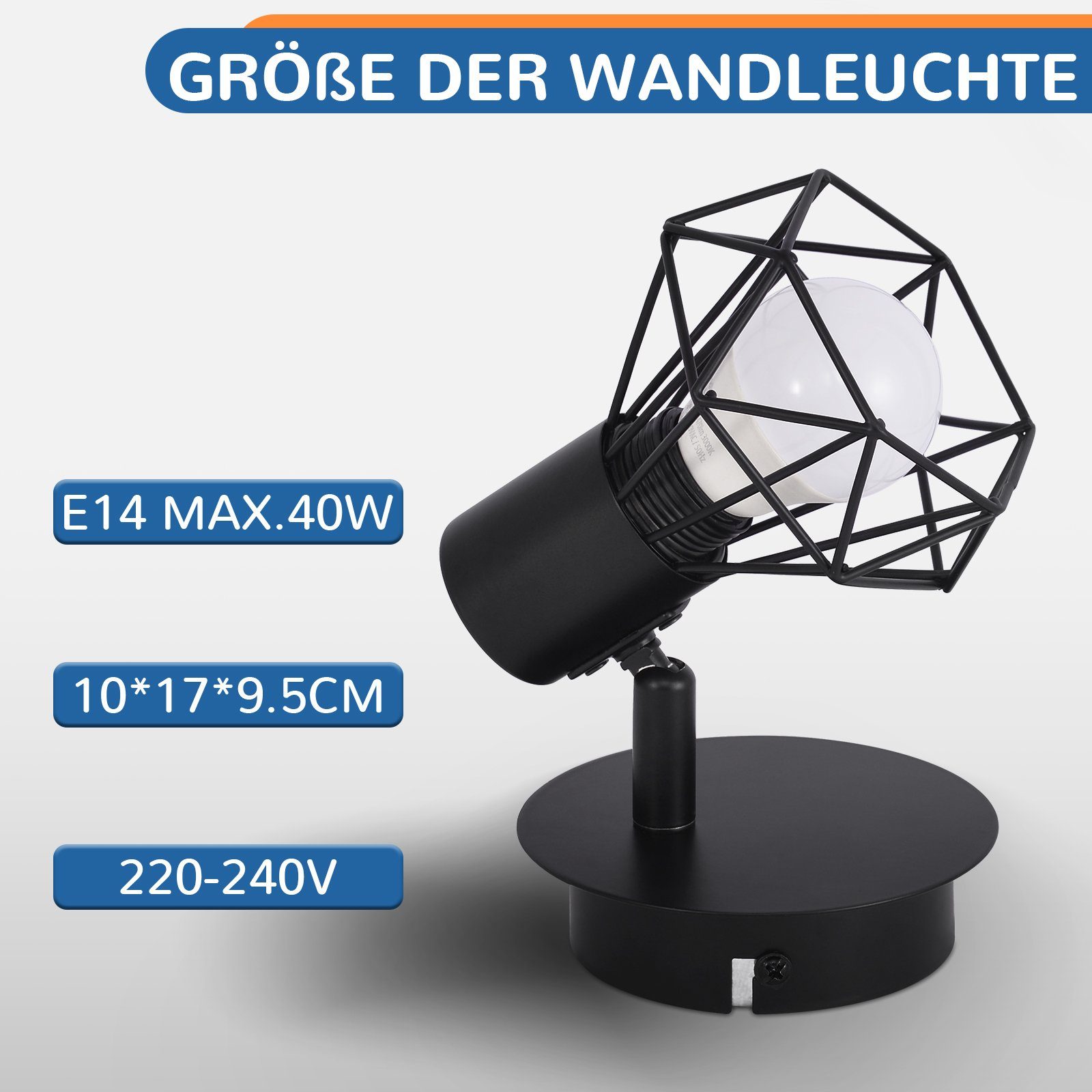 ZMH Deckenleuchte Deckenstrahler Vintage Wandspot fest Leuchtmittel, integriert, OHNE Schwarz 350° E14 - LED Verstellbare Retro