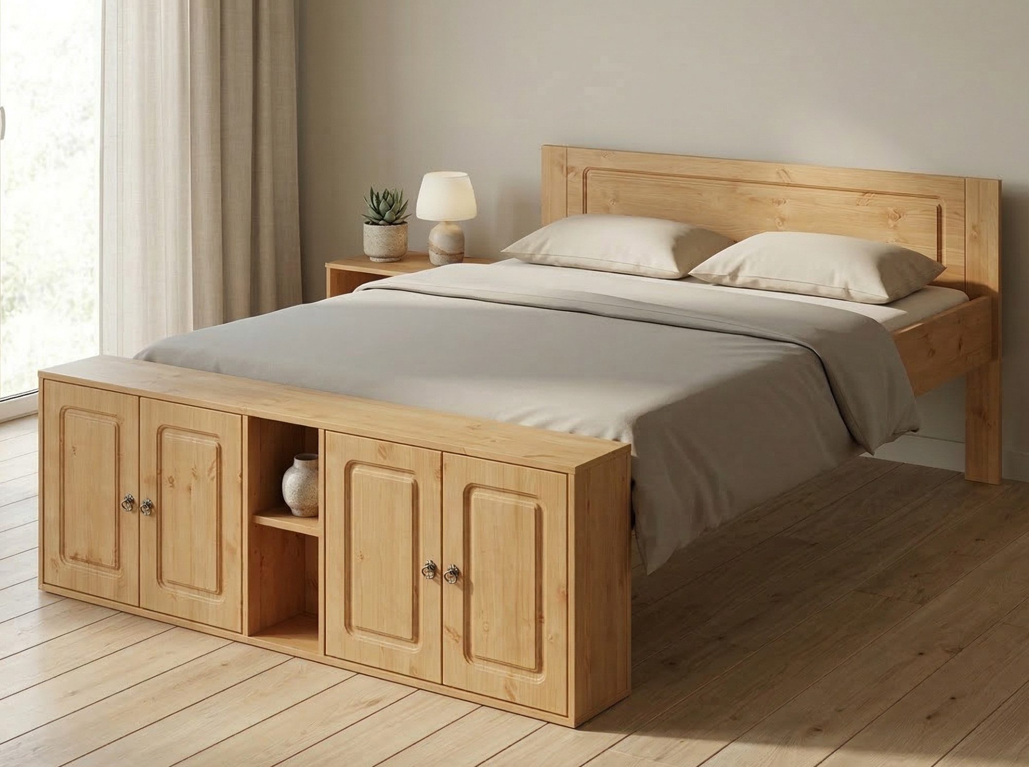 OTTO home Massivholzbett Paula, mit Türen und Ablage, Schublade optional, Landhausstil (B/T/H: 148,8/224,4/82 cm), Massive Kiefer, extra viel Stauraum im Fußteil, FSC®-zertifiziert