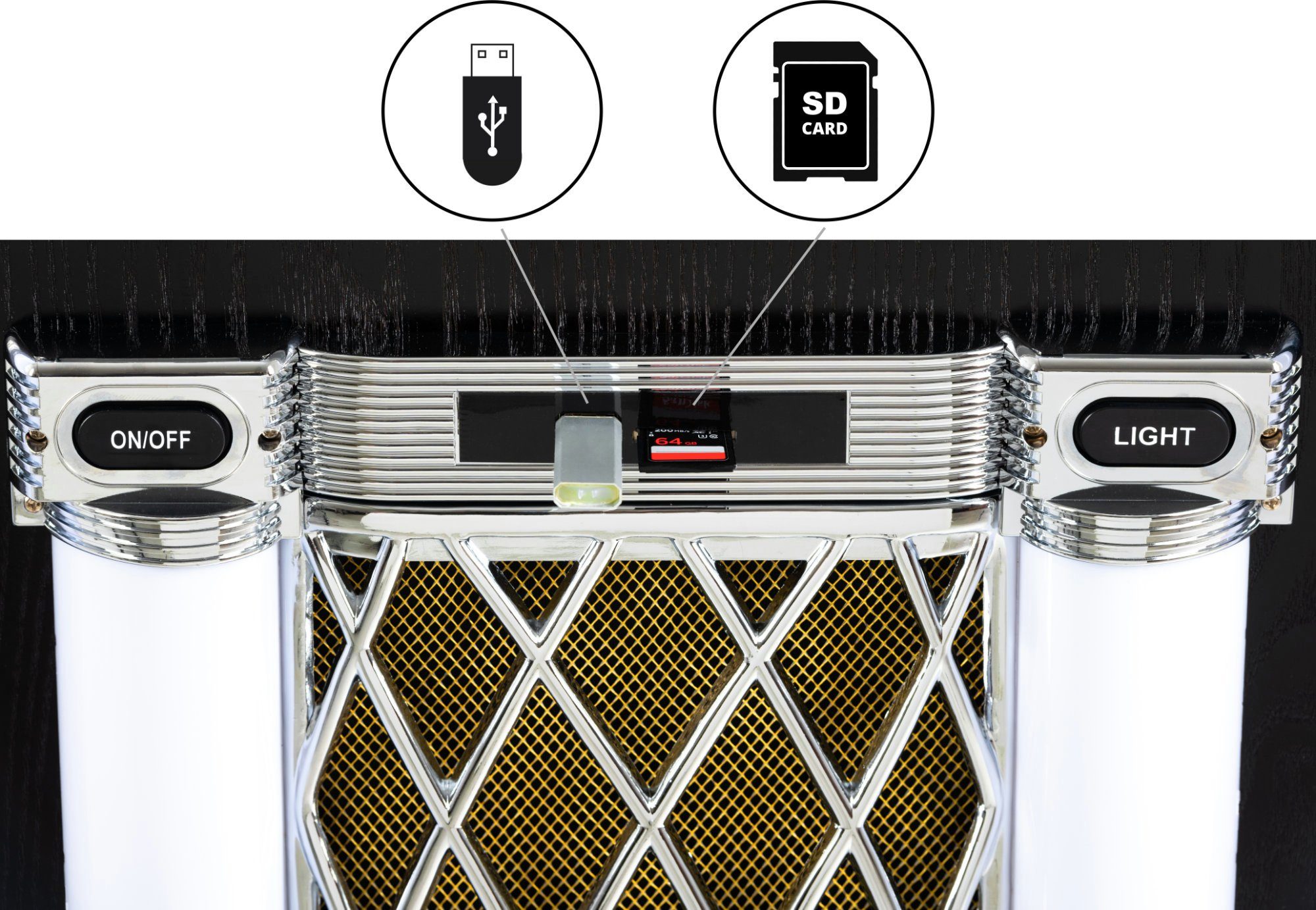 60 Stereoanlage Retro GoldenAge Jahre Musikbox AUX) Bluetooth, 40er/50er USB-SD, (UKW/MW-Radio, mit Jukebox Beatfoxx W, LED-Beleuchtung, CD-Player,
