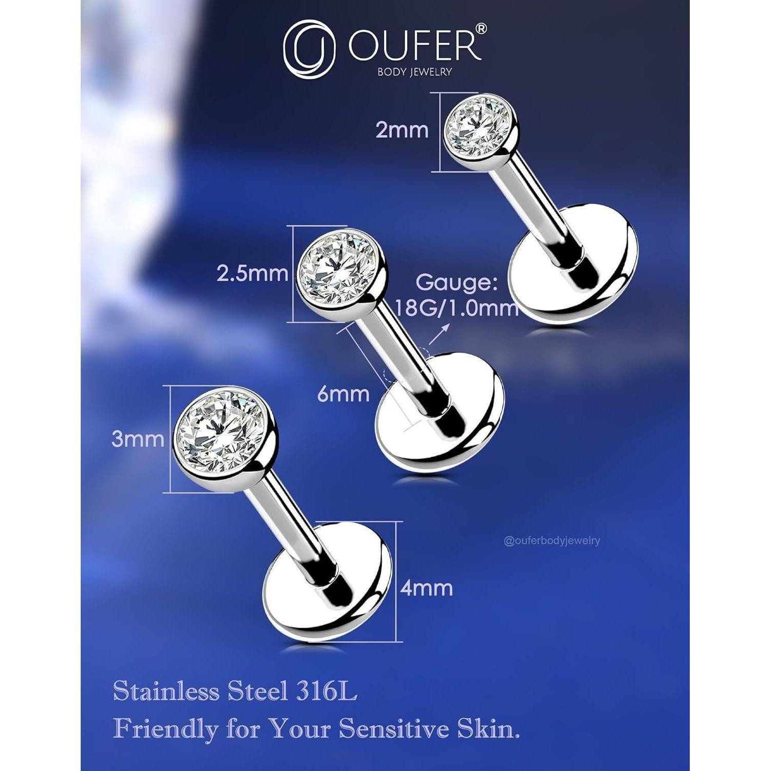 LuxusKollektion Nasenpiercing-Set 3PCS 20/18G Nasenpiercing Stecker Chirurgenstahl 316L 6/8/10mm CZ