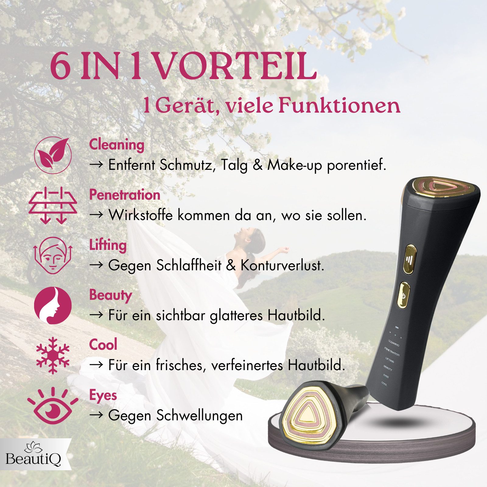 BeautiQ Gesichtsmassagegerät Lumèra PRO 6 in 1 [Neuheit], EMS, Lifting, Anti-Aging Innovation, Full Inclusive Beauty Set, Radiofrequenz, LED, Vibration, Tiefenreinigung, Lifting-Modus, Augenpflege, Kühlung, Anti-Aging