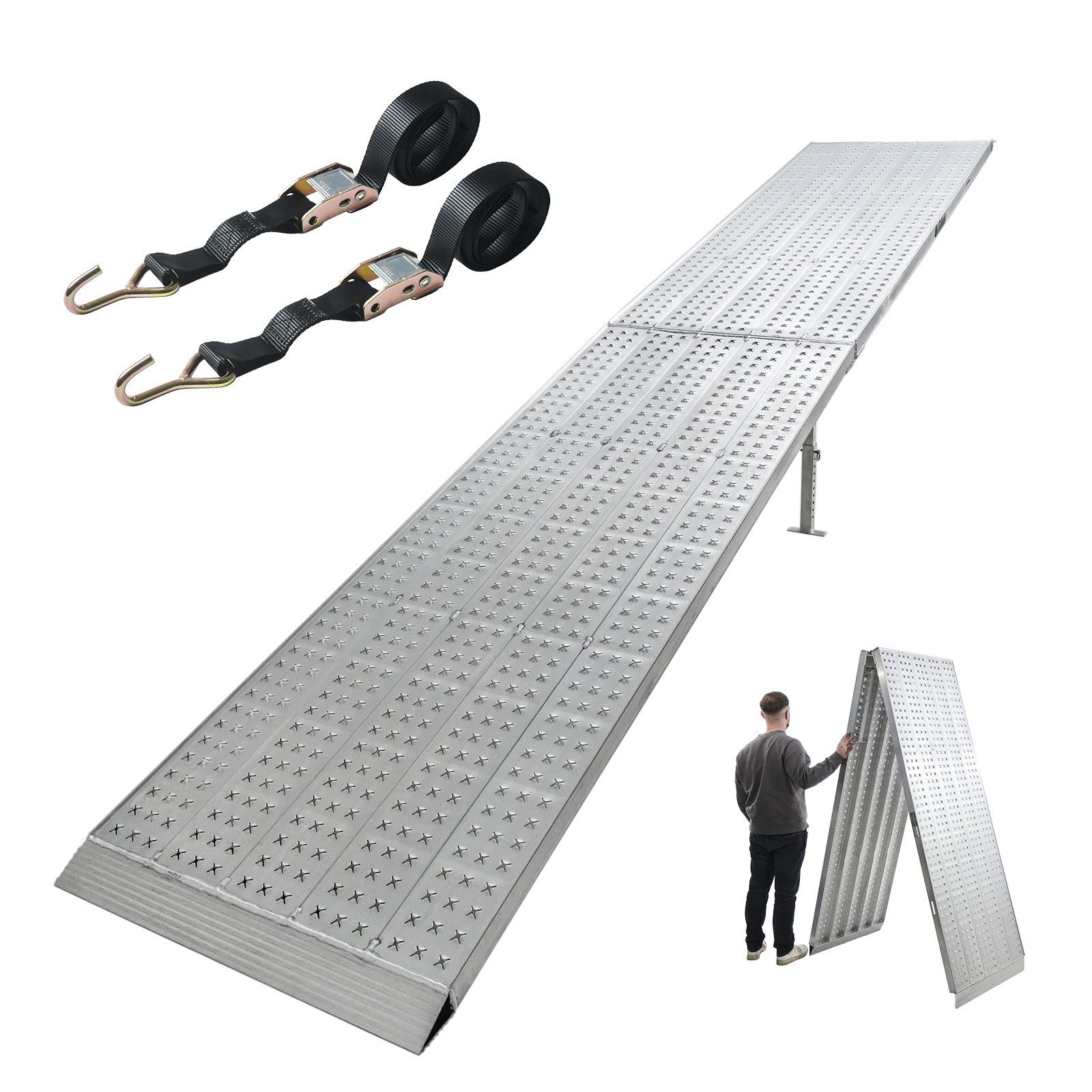 TRUTZHOLM Auffahrrampe Eventrampe Alu extralang 400 cm klappbar 400 kg extrabreit 70 cm (Stück, 1-St., Inkl. 2x Spanngurt), Perforierte Oberfläche I Höhenverstellbare Stützfüße