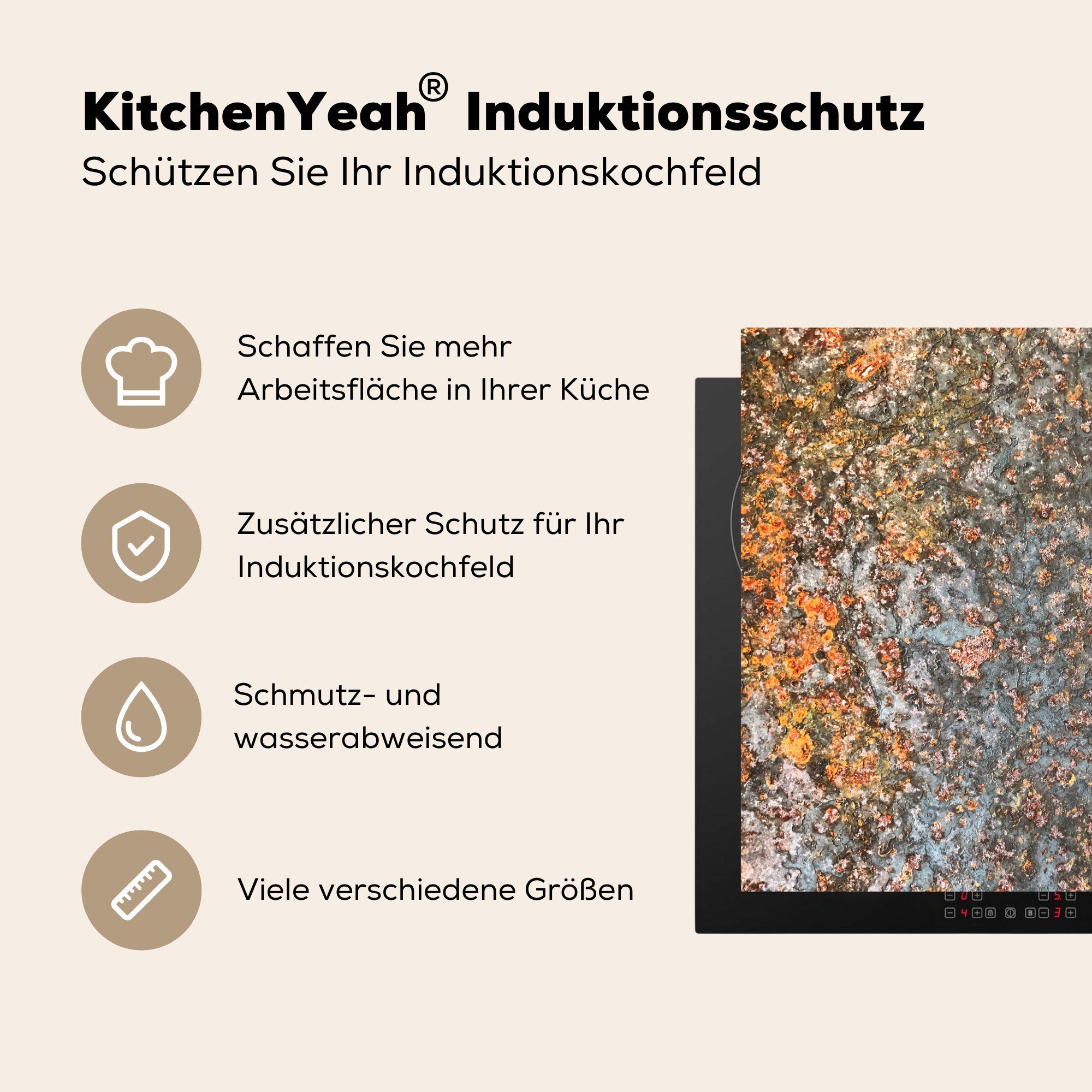 Abstrakt, für - - Arbeitsplatte Ceranfeldabdeckung, Grau (1 Vintage - Vinyl, - Rost 78x78 MuchoWow küche cm, Herdblende-/Abdeckplatte Metall tlg),