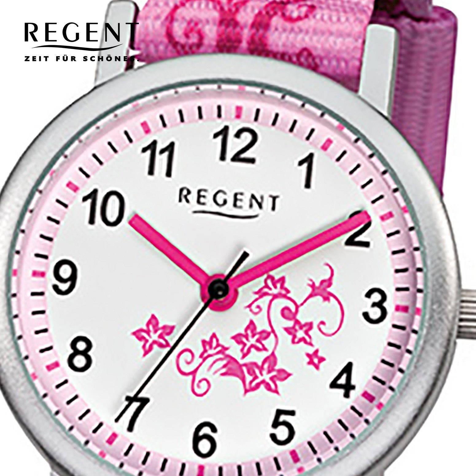 Regent Quarzuhr Regent Kinder-Armbanduhr rosa pink weiß, (Analoguhr), Kinder Armbanduhr rund, klein (ca. 29mm), Textilarmband