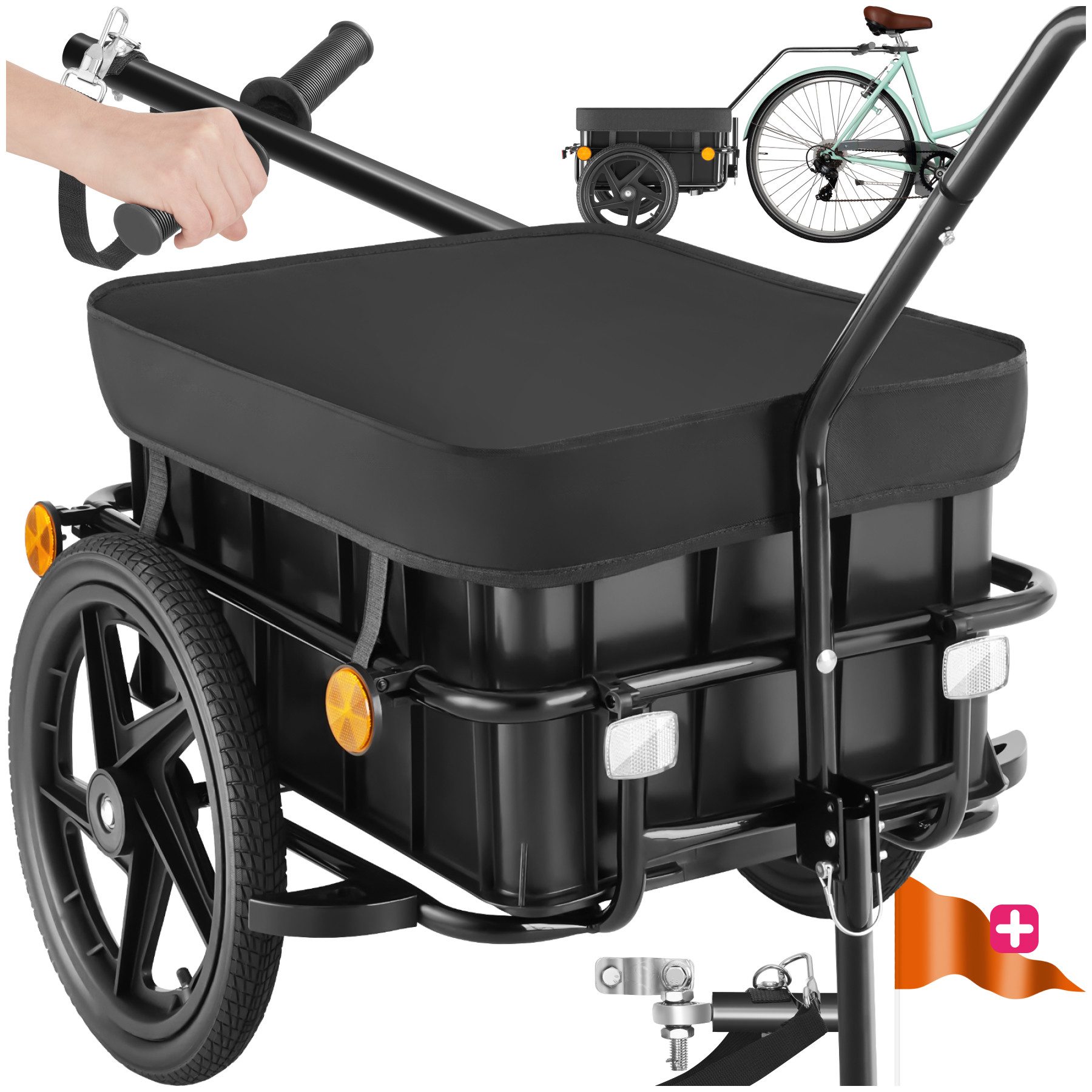 tectake Fahrradlastenanhänger Fahrradanhänger, luftgefüllte Profilreifen, Belastbarkeit 50 kg, Regenplane aus 600D Oxford-Gewebe, inkl. Reflektoren und Warnfahne