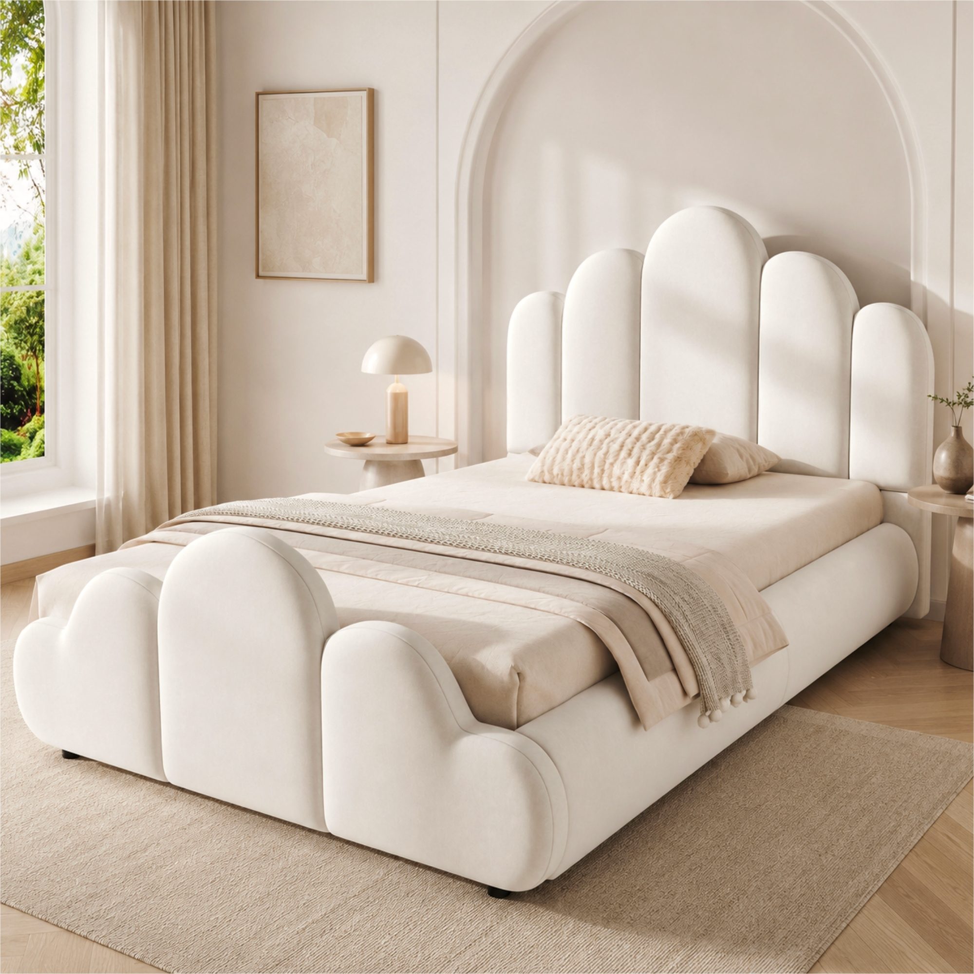 HAUSS SPOLE Polsterbett 90x200 Einzelbett aus samt mit gepolstertes Kopfteil,Kinderbett,Beige (Funktionsbett Kinderbett mit wolkenförmiger Gestaltung für Kinderzimmer, ohne Matratze), Samt Jugendbett mit abgerundeten Ecken