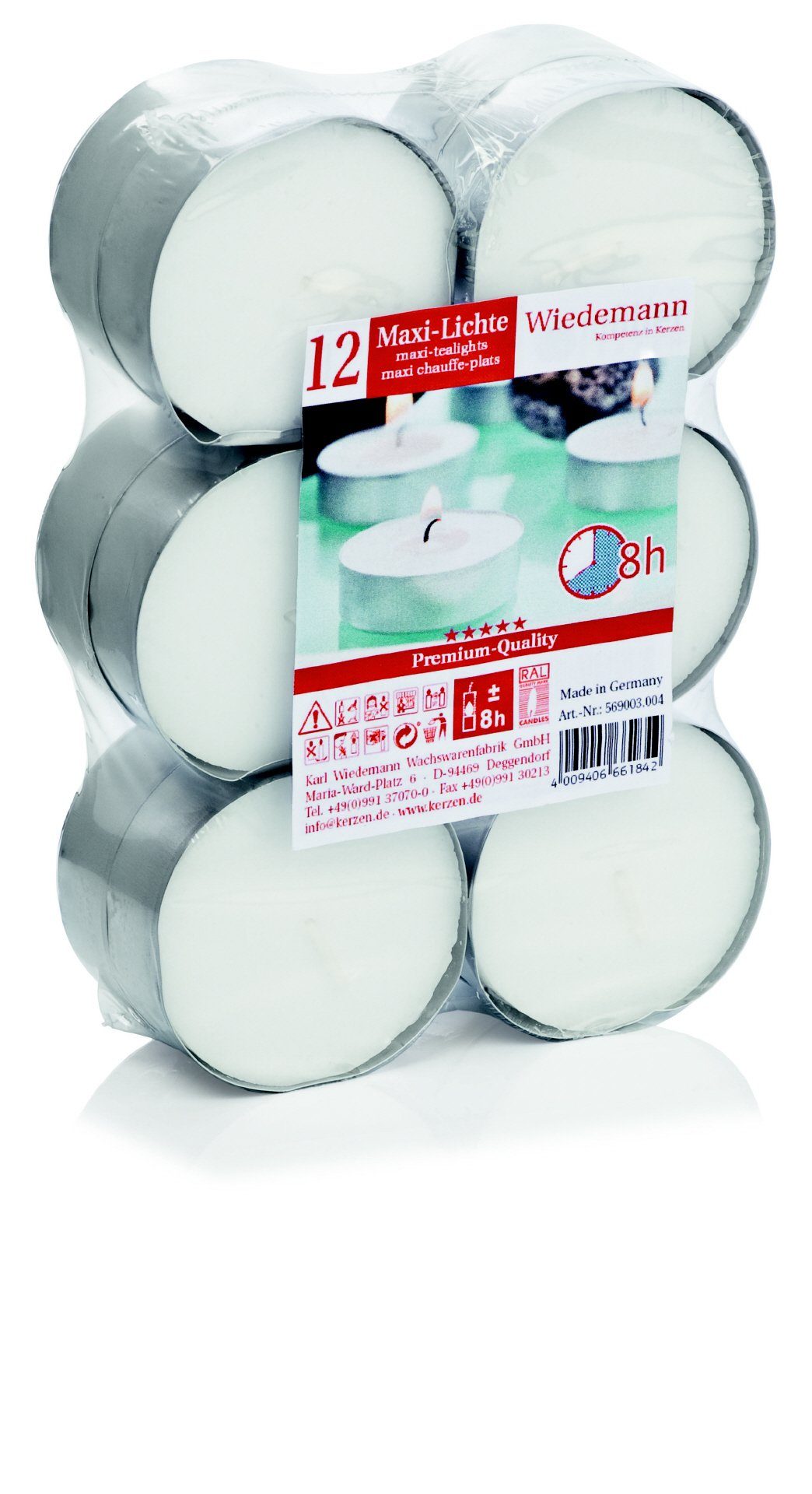 Wiedemann Kerzen Teelicht Maxi-Teelichte Weiß, 8 Stunden Brenndauer, 12 Stück