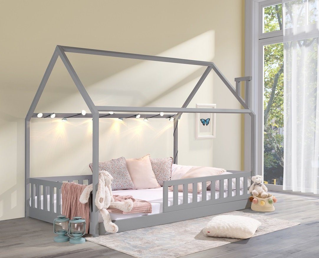 Jugendbett ROSI aus Rausfallschutz), Kiefernholz, Weiß Matratzen Massivholz Kinderbett Komplettbett, 24 Einzelbett Vollholz Hausbett Grau Deine Kiefer optional, 120x200 und Möbel abnehmbarem Lattenrost mit (mit PLUS