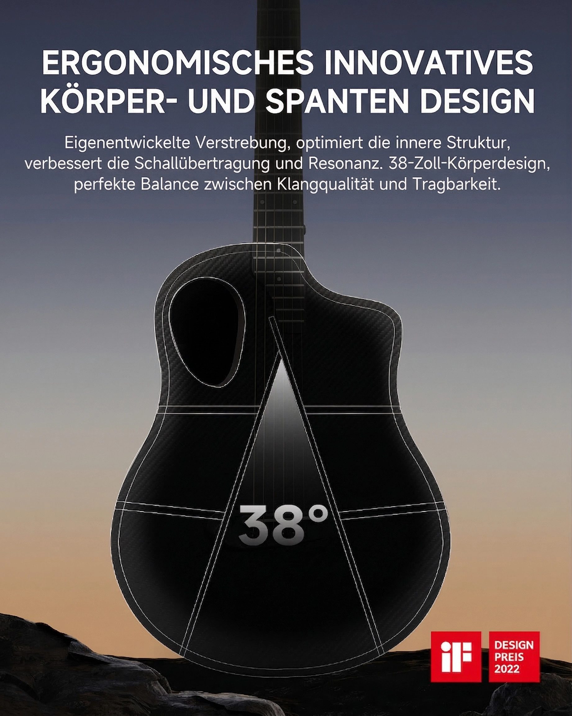 Donner Akustikgitarre 38" Carbonfaser Reisegitarre, Warmes Klangbild RISING-G1, Komplettset, Gigbag, Gurt, Stimmgerät, für Anfänger in voller Größe komplettes A – Bild 5 von 5