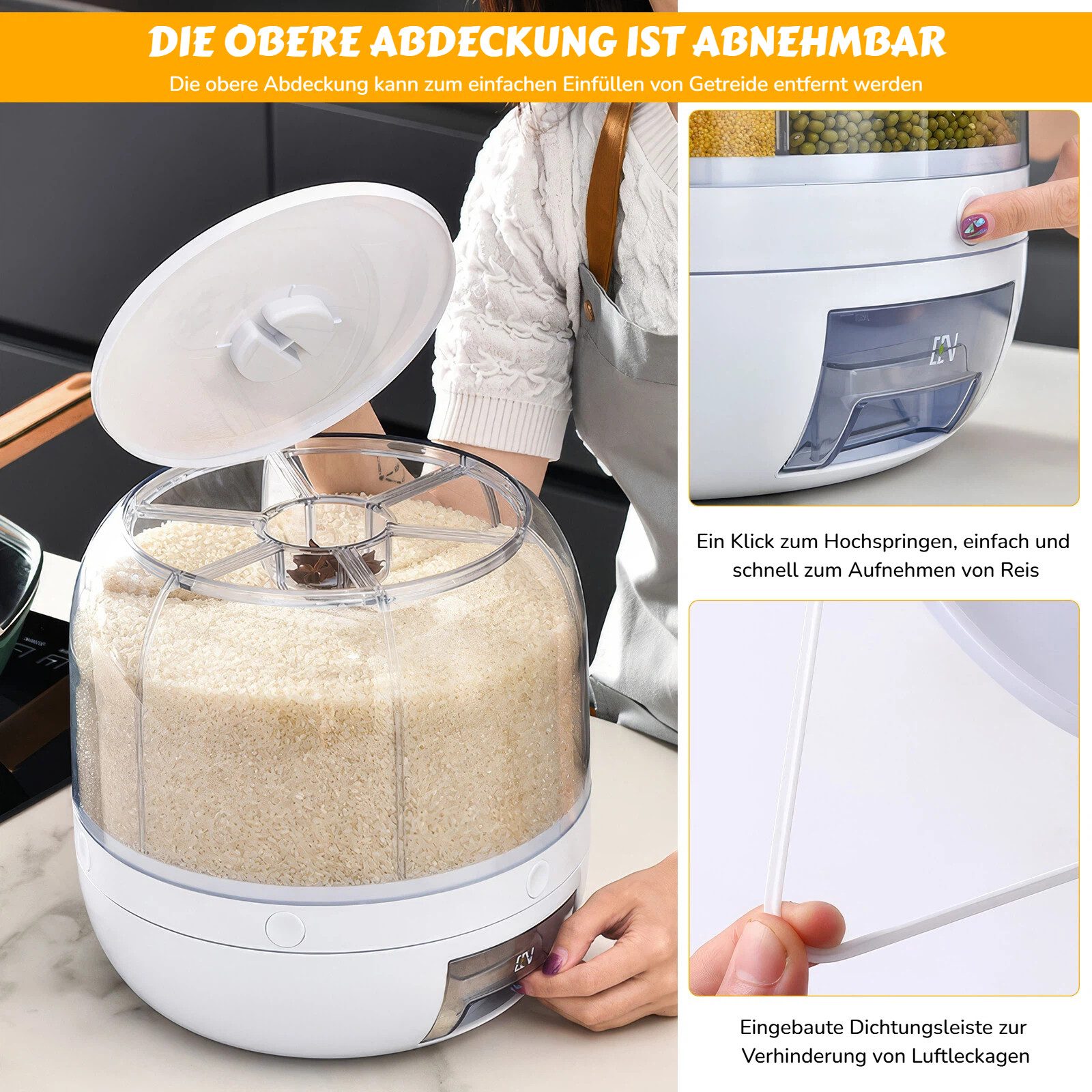 BlingBin Müslispender 360° Drehbarer Getreidespeicher, Lebensmittelspender mit 6 Fächern, PP-Kunststoff, (1er Set, 1-tlg., Abmessungen: 22 x 23,6 CM), Aufbewahrungsbehälter mit Deckel für Reis Getreide Nüsse