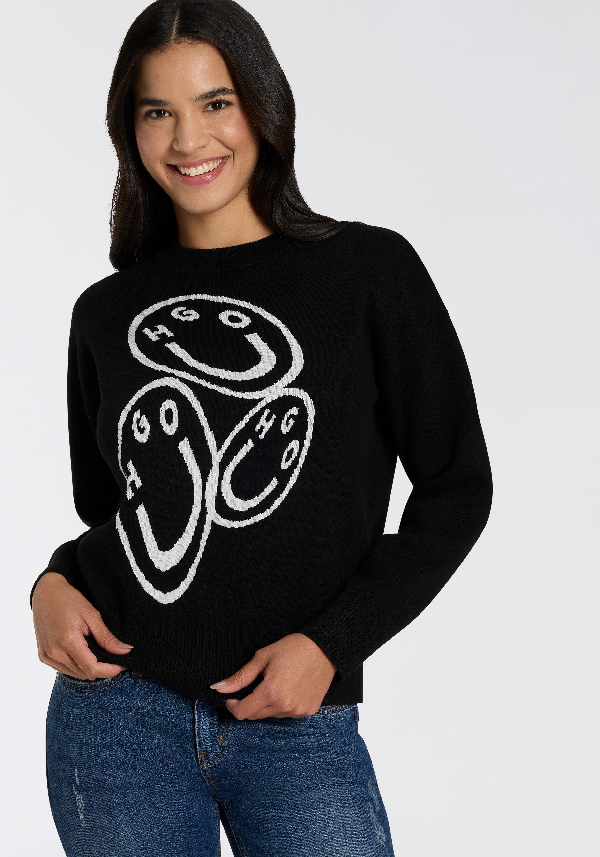 HUGO Blue Rundhalspullover Seginy mit HAPPY HUGO Jacquard günstig online kaufen