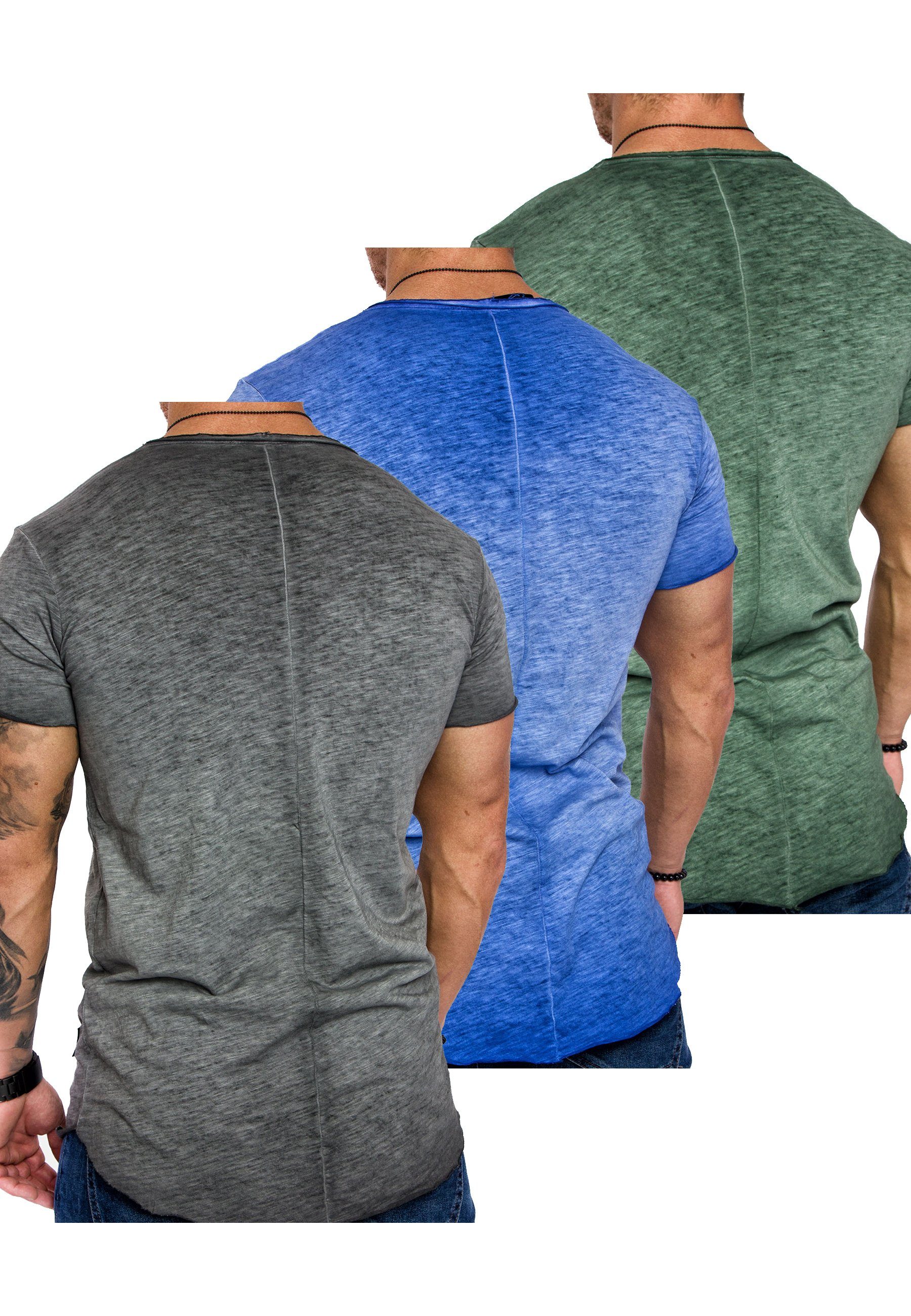 NYC Oversize Amaci&Sons Anthrazit) Herren Basic (3er-Pack) + Herren mit V-Ausschnitt T-Shirt T-Shirts 3er-Pack 3. T-Shirt + (Khaki Blau