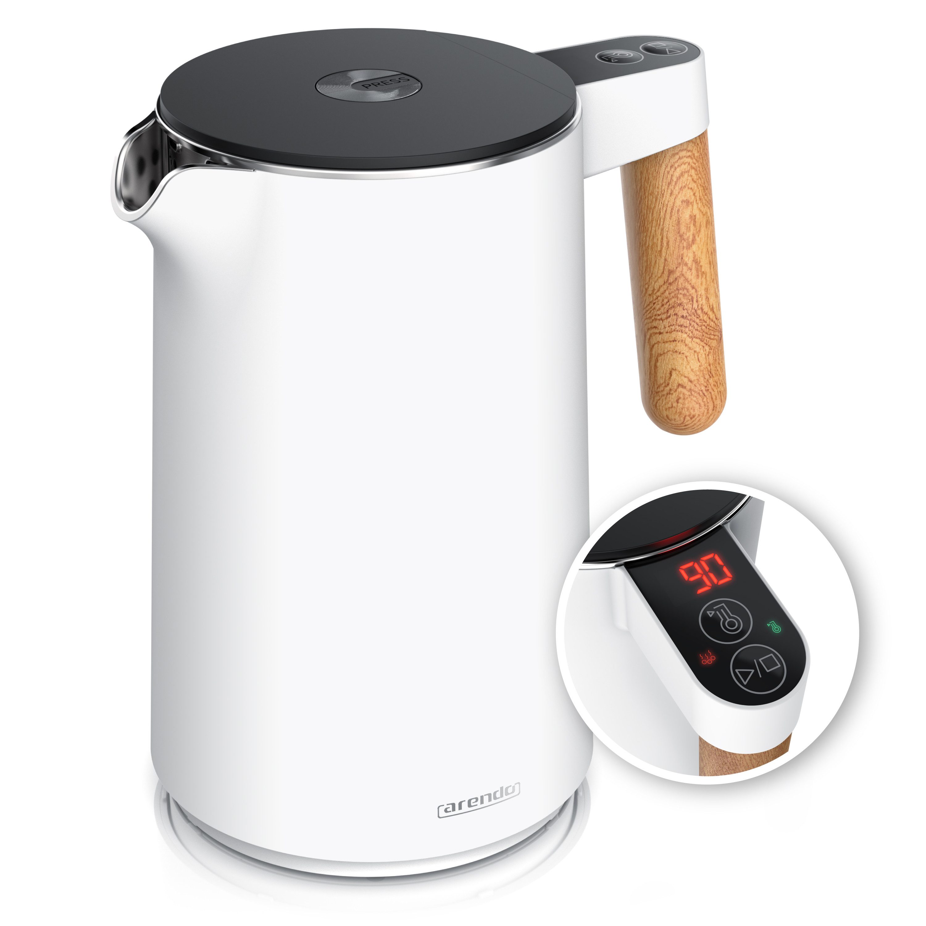 Arendo Wasserkocher Edelstahl, Doppelwand, Temperatureinstellung 40° - 100 °C mit Anzeige, 1,5 l, 2200 W, Warmhaltefunktion, 360° Basis, mit Griff in Holzoptik, BPA-frei