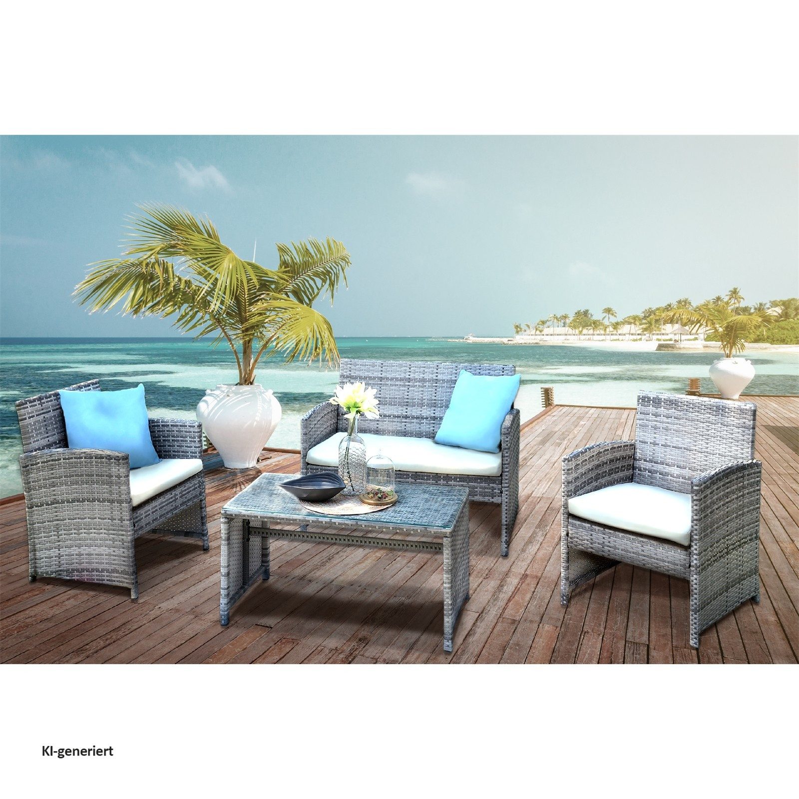 HTI-Line Sitzgruppe Terrassenmöbel Zypern, (Set, 4-tlg., 1x 2-Sitzer, 2x Sessel, 1x Tisch, inkl. Auflagen), Loungemöbel Gartenmöbel