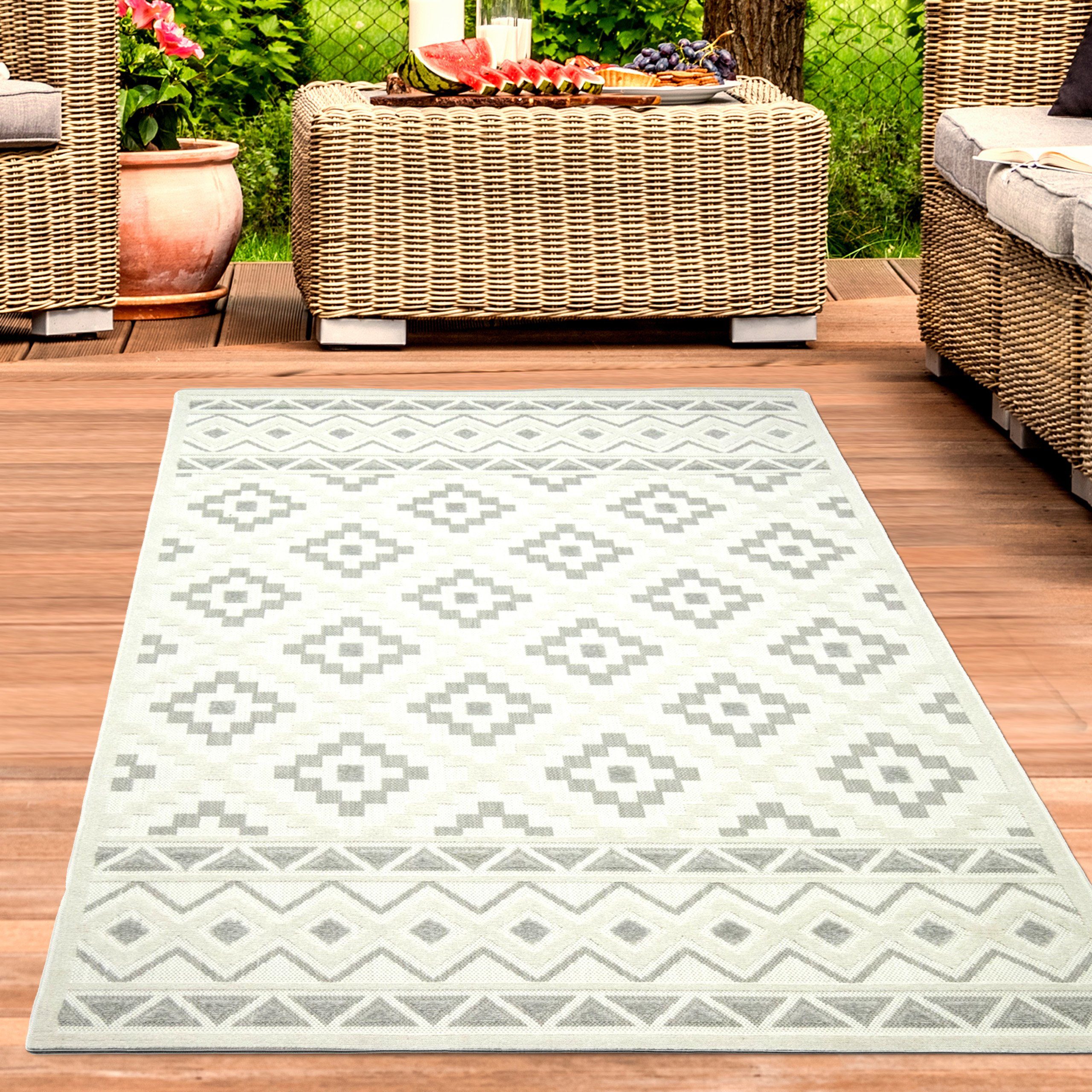 Carpetia Outdoorteppich In- & Outdoor Sisalteppich mit Quadraten & Dreiecken in creme, rechteckig, Höhe: 10 mm
