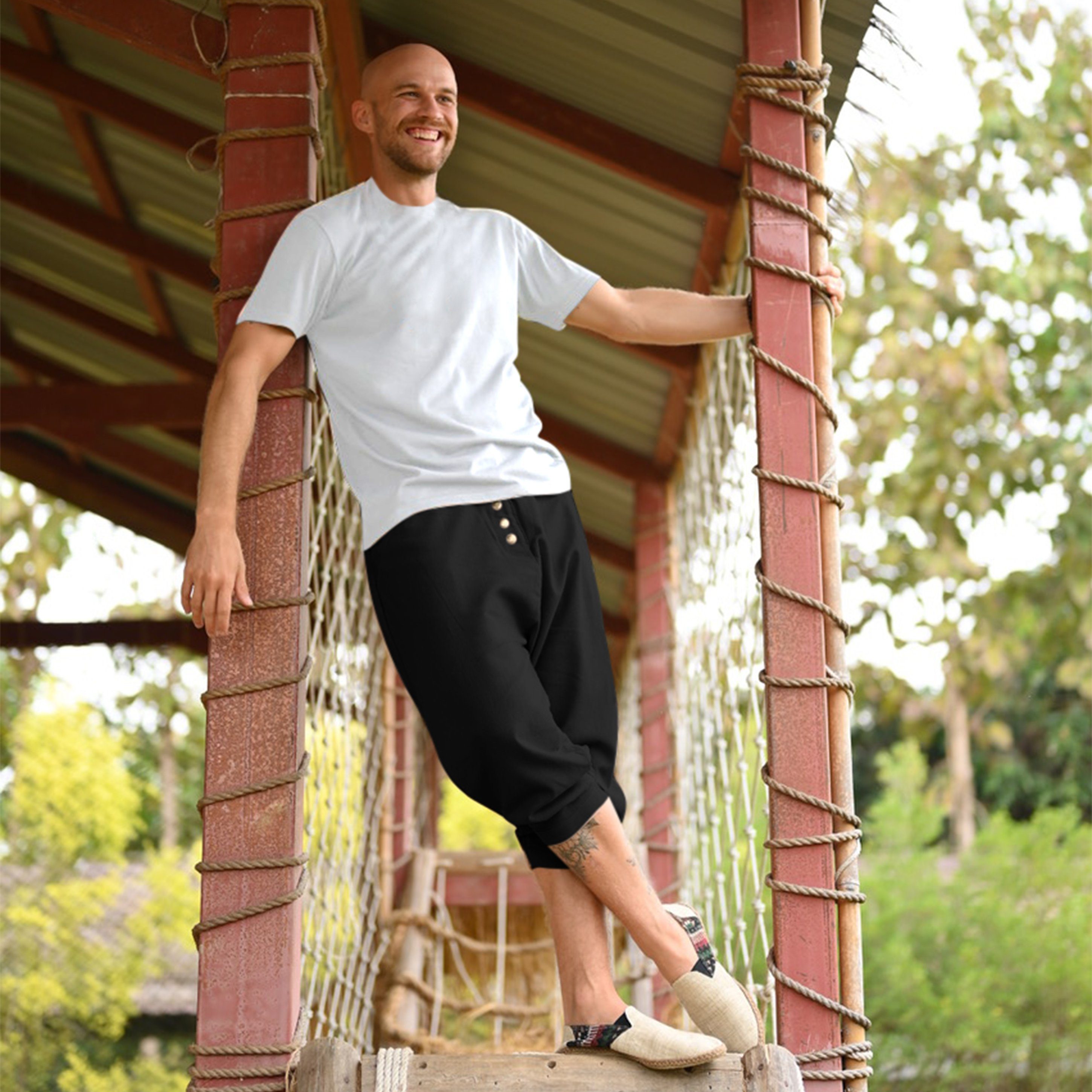 virblatt Shorts Kurze Haremshose Herren, Baumwolle, Haremhose 3/4 Hose Sommerhose 2 Eingrifftaschen, Gürtelschlaufen