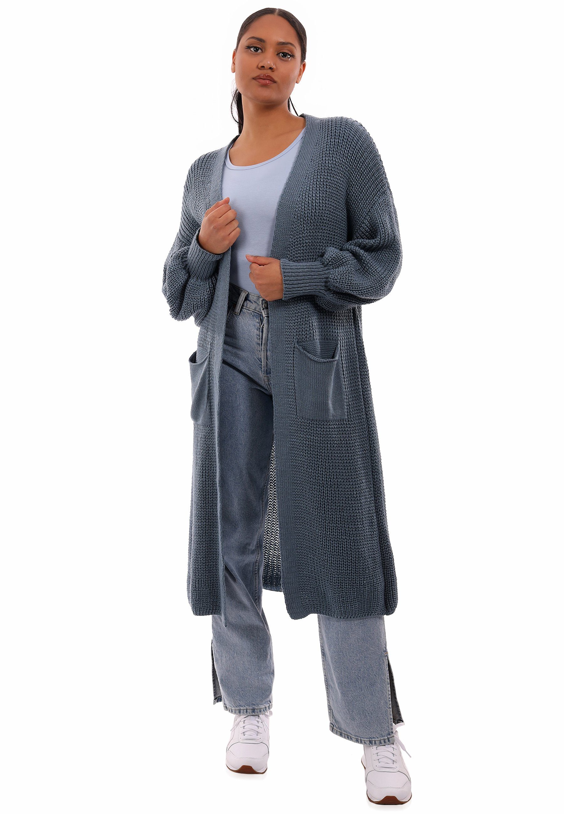 mit in Strickjacke jeansblau YC Unifarbe, Taschen Basic Style & Fashion aufgesetzten Cardigan Verschlusslos Cardigan