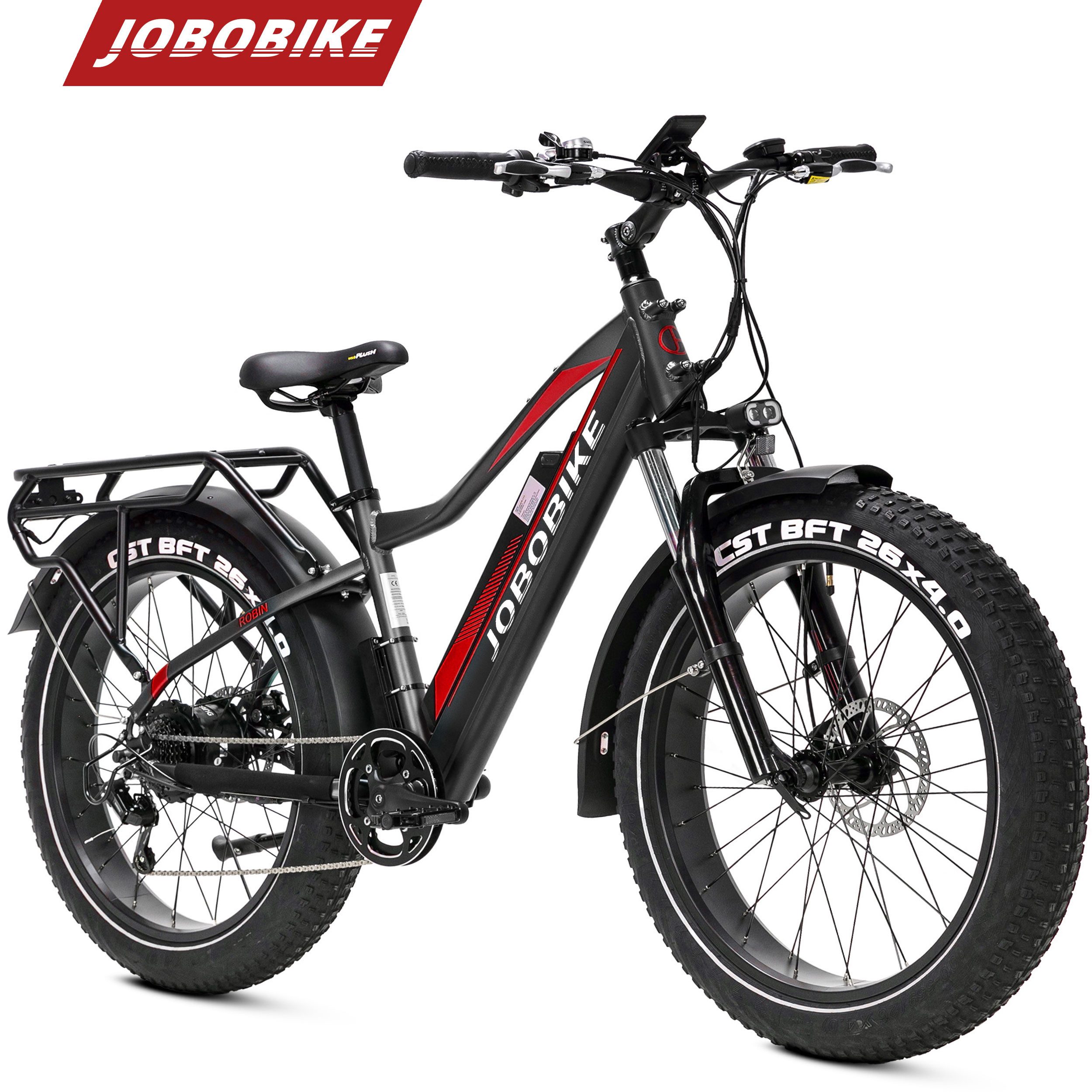 JOBOBIKE E-Bike Mountainbike 26 Zoll für Damen Herren, MTB Robin, 624 Wh, max. 130km, Shimano, Kettenschaltung, Heckmotor, 624 Wh, (mit 5 Stufen, Diamantrahmen, abnehmbarer Akku), 26x4'' Fat Tire MTB, max. 130 kg, Elektrofahrrad für 165-200cm