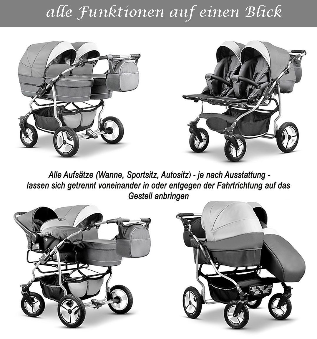 BabyMerc Zwillings-Kombikinderwagen Twin Star 4 in 1 inkl. Sportsitze, Autositze und Zubehör in 16 Farben
