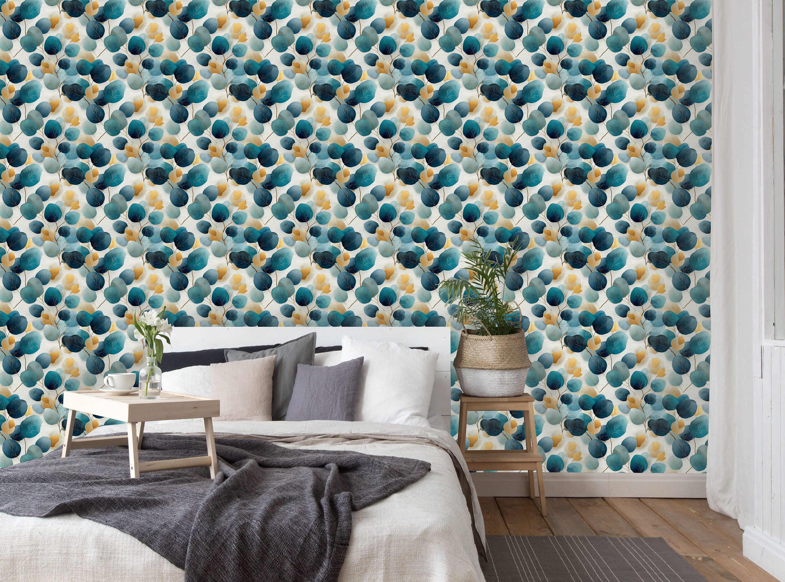 Wallarena Fototapete Blätter Abstrakt - Blau - Vlies - Schlafzimmer, glatt