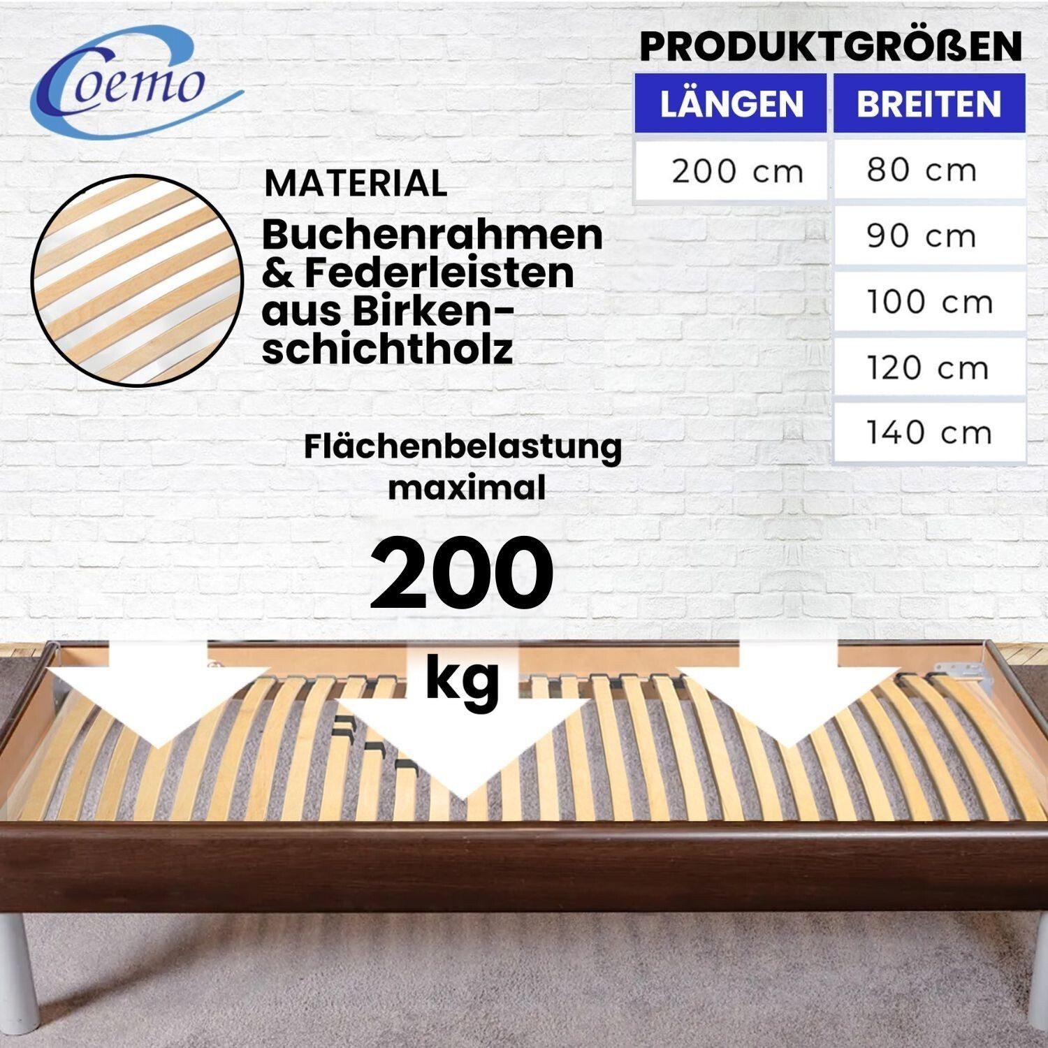Lattenrost XXL Big Size, Coemo, Kopfteil nicht verstellbar, Fußteil nicht verstellbar, preisgünstige Selbstmontage, extra stabil auch für Übergewichtige, bis 200 kg belastbar, 80 x 200