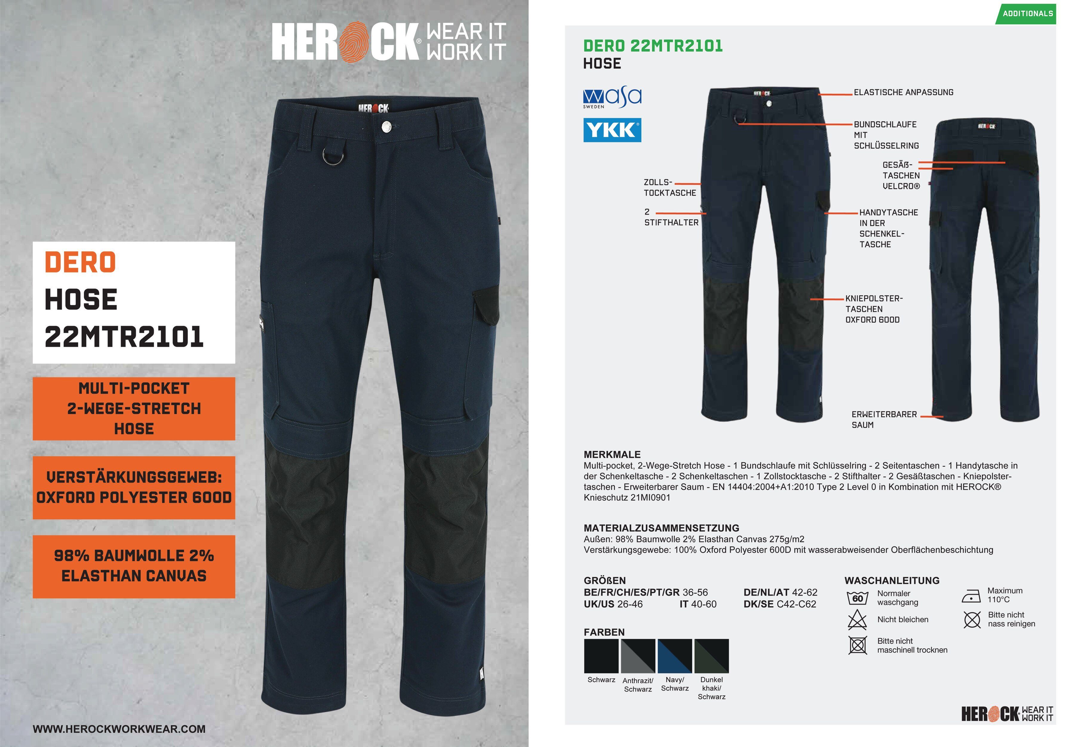 Slim wasserabweisend DERO 2-Wege-Stretch, marine Arbeitshose Passform, Multi-Pocket, Herock Fit