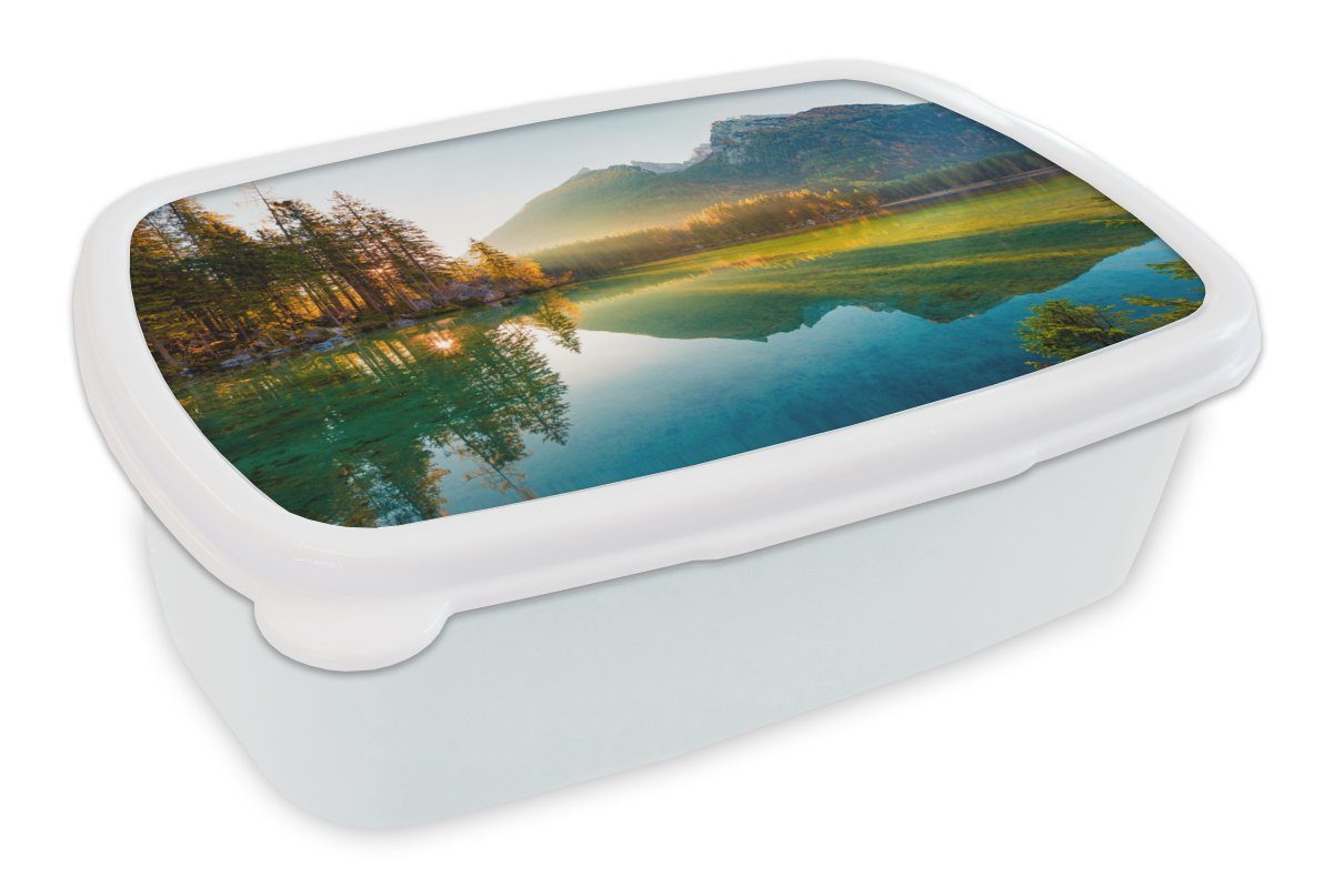MuchoWow Lunchbox See - Wald - Berge - Natur - Sonne - Landschaft, Kunststoff, (2-tlg), Brotbox für Kinder und Erwachsene, Brotdose, für Jungs und Mädchen weiß