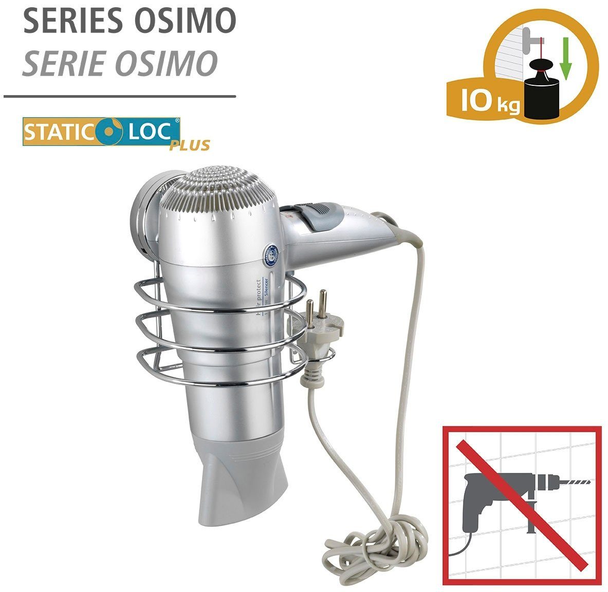 Static-Loc® WENKO ohne (Befestigen Plus Bohren) Osimo Haartrocknerhalter,