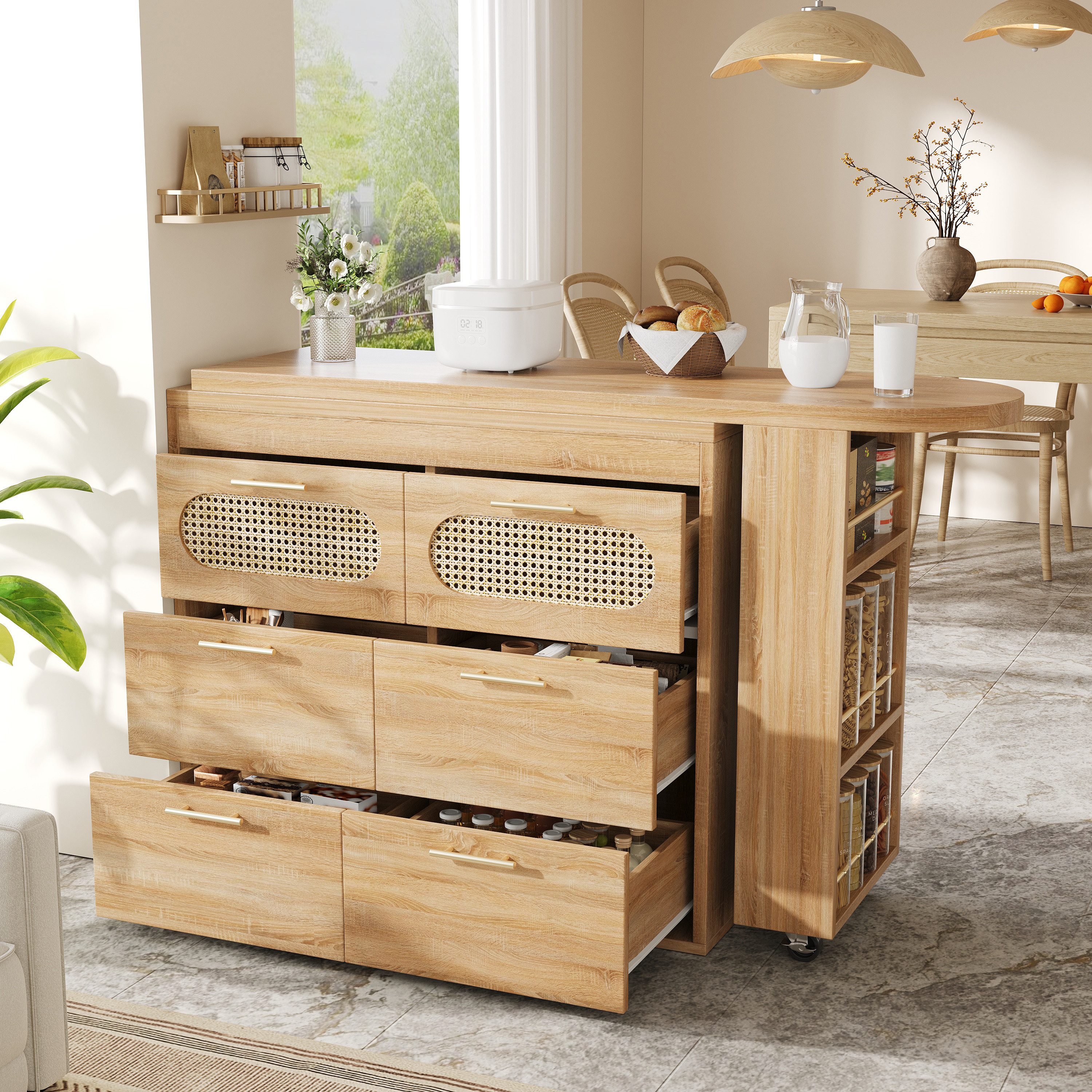 Flieks Bartisch 360° drehbar Stehtisch & Kommode mit Rattan-Schubladen (Set, 2-St., schwenkbarer Tisch mit Schrank), ausziehbar Esstisch mit Ablagen und Rollen Sideboard Holzoptik