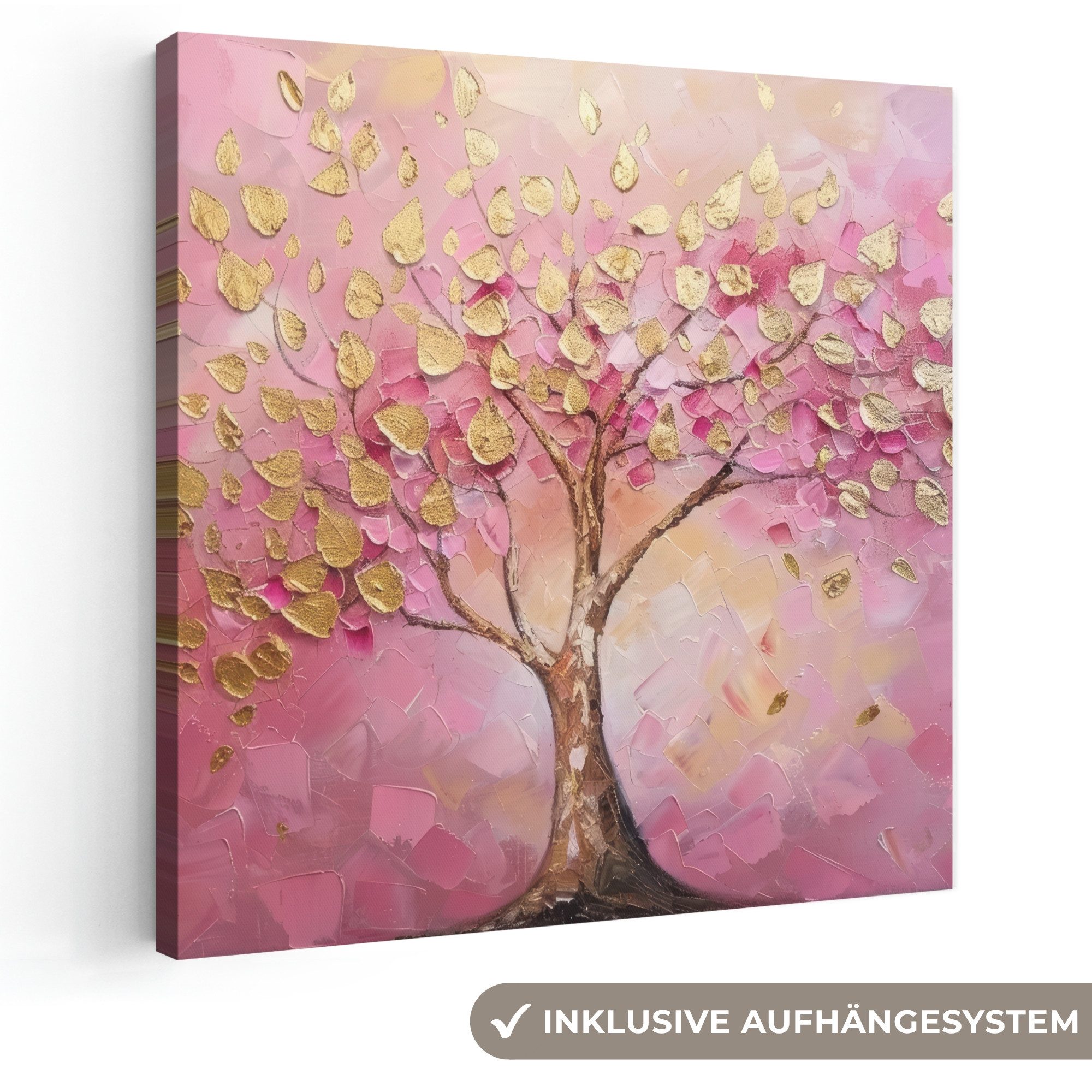 OneMillionCanvasses® Leinwandbild Baum - Rosa - Gold - Modern, Fotodruck (1 St), Wandbild, Deko Schlafzimmer Wohnzimmer Flur 20x20 cm