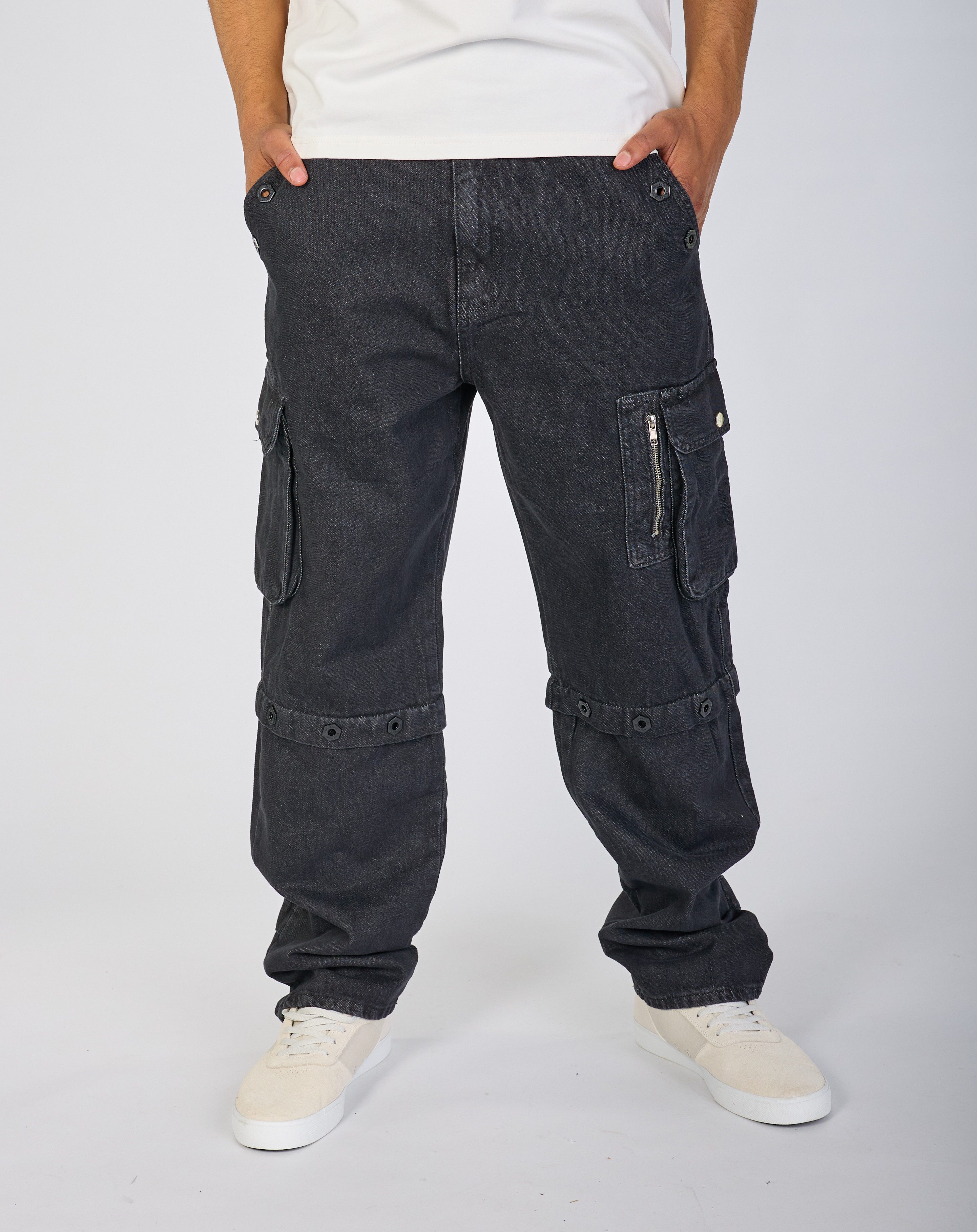 Denim House Loose-fit-Jeans Ausgefallene schwarze Baggy Cargo Jeans Cargo Taschen