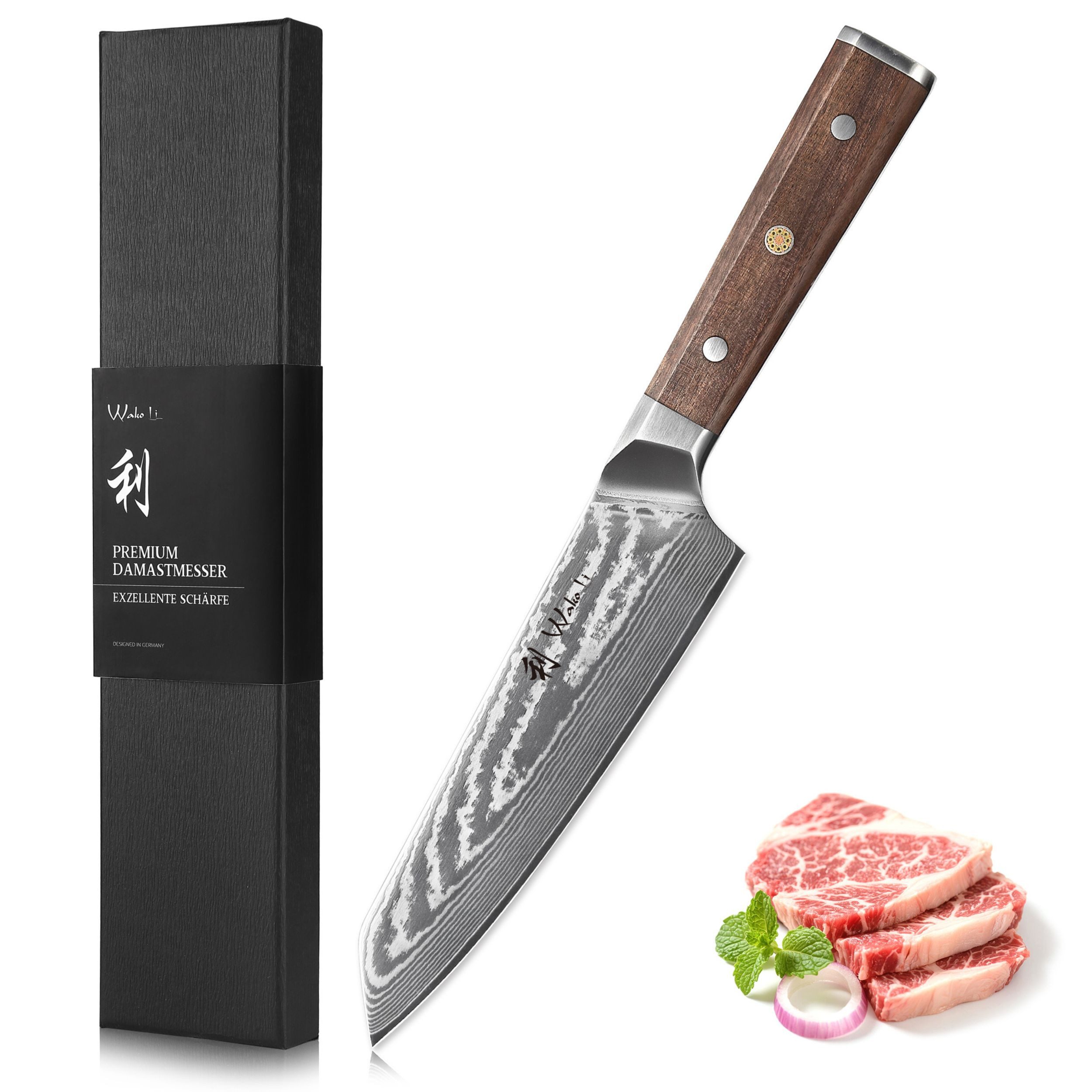 Wakoli Asiamesser Damast Kiritsuke Küchenmesser 18 cm Klinge Full Tang Walnussholzgriff, Damaststahl, Full Tang, VG-10