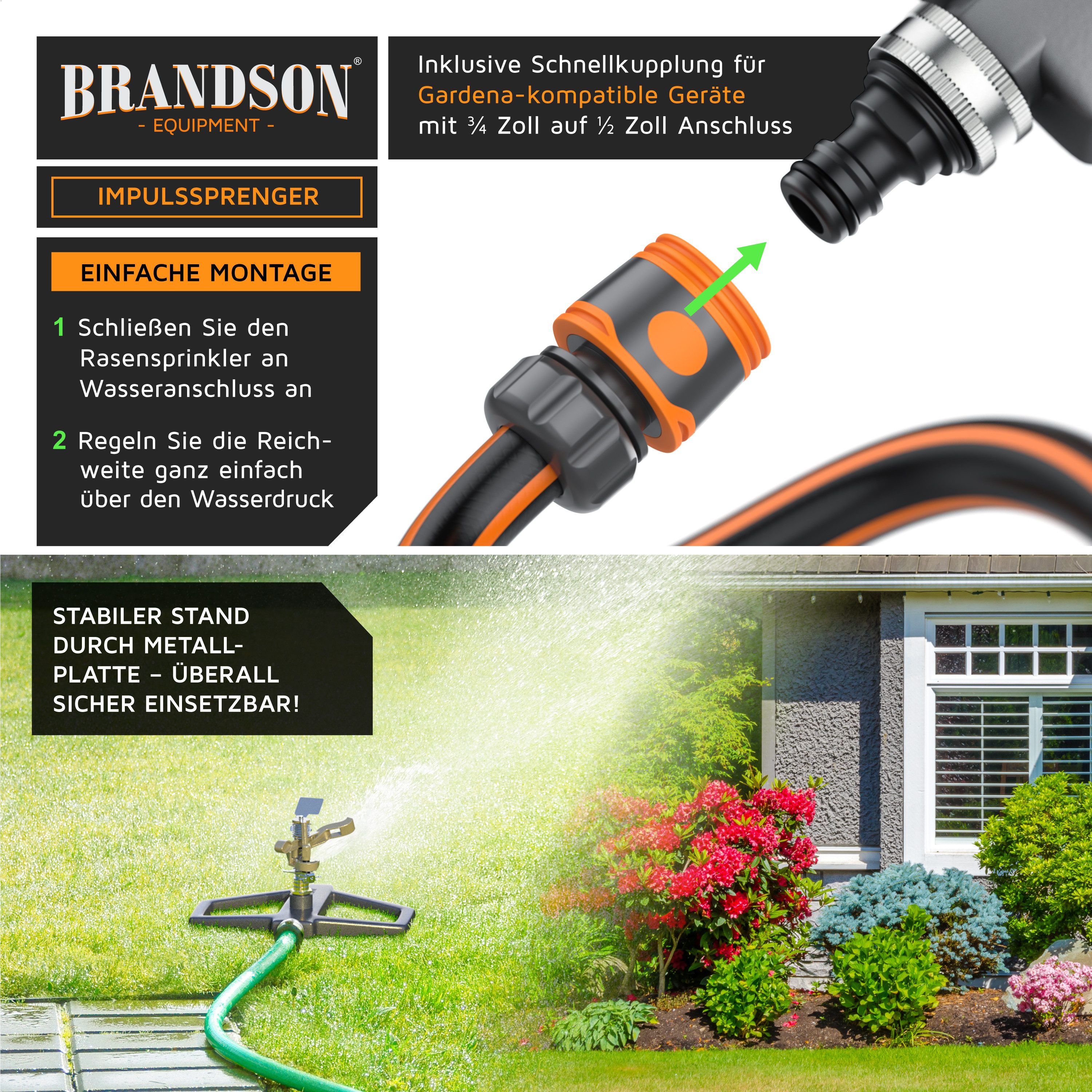 Brandson Kreisregner Vollmetall-Rasensprinkler 360°, Impulskreisregner, für Flächen bis 314 m², (2-St), einstellbar & robust (bis 20 m), Metall, Zink, Gardena-k – Bild 4 von 5