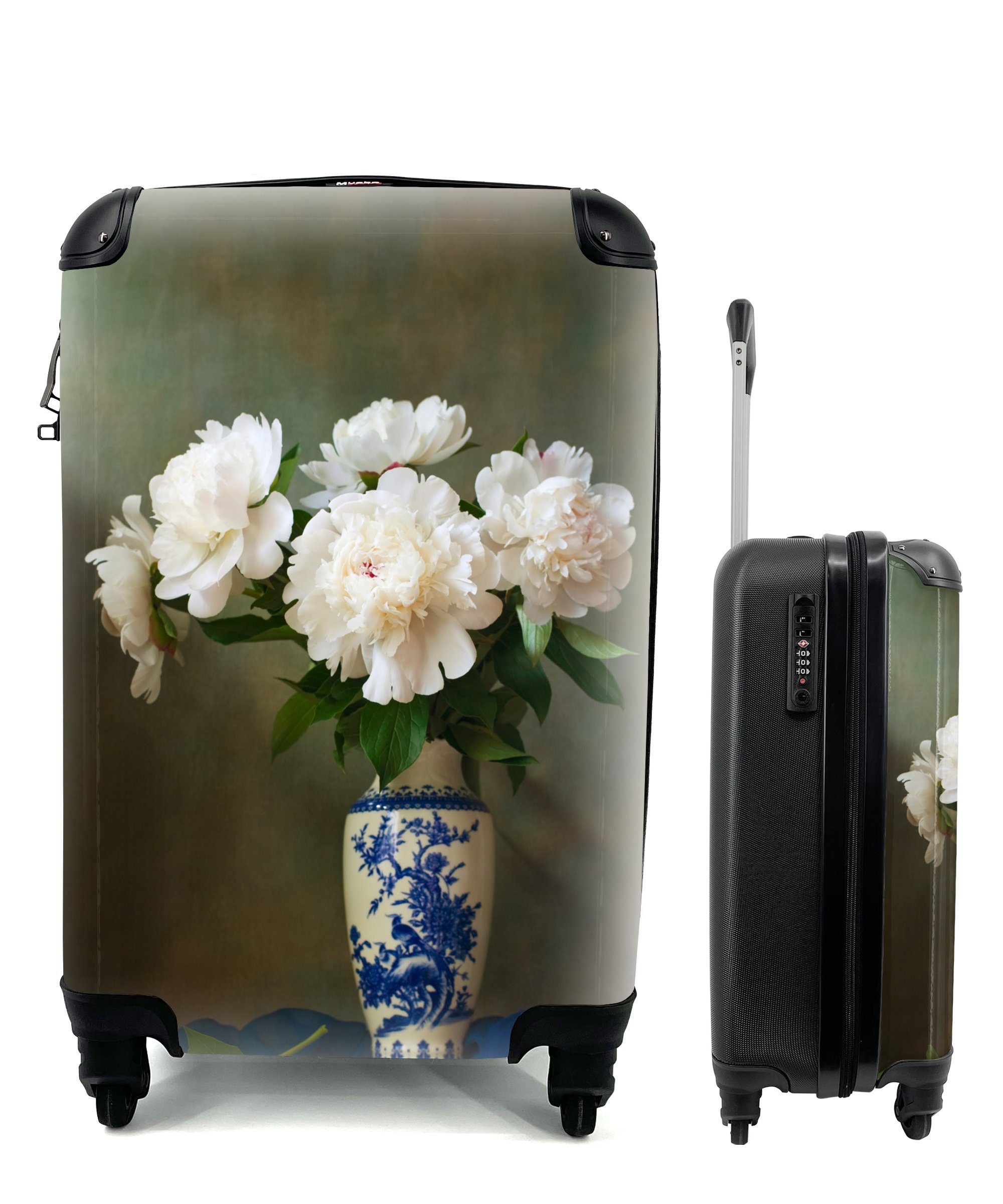 Vase Rollen, mit 4 Reisekoffer Pfingstrosen Handgepäck Trolley, - für Reisetasche Ferien, Weiß, MuchoWow Handgepäckkoffer - rollen,