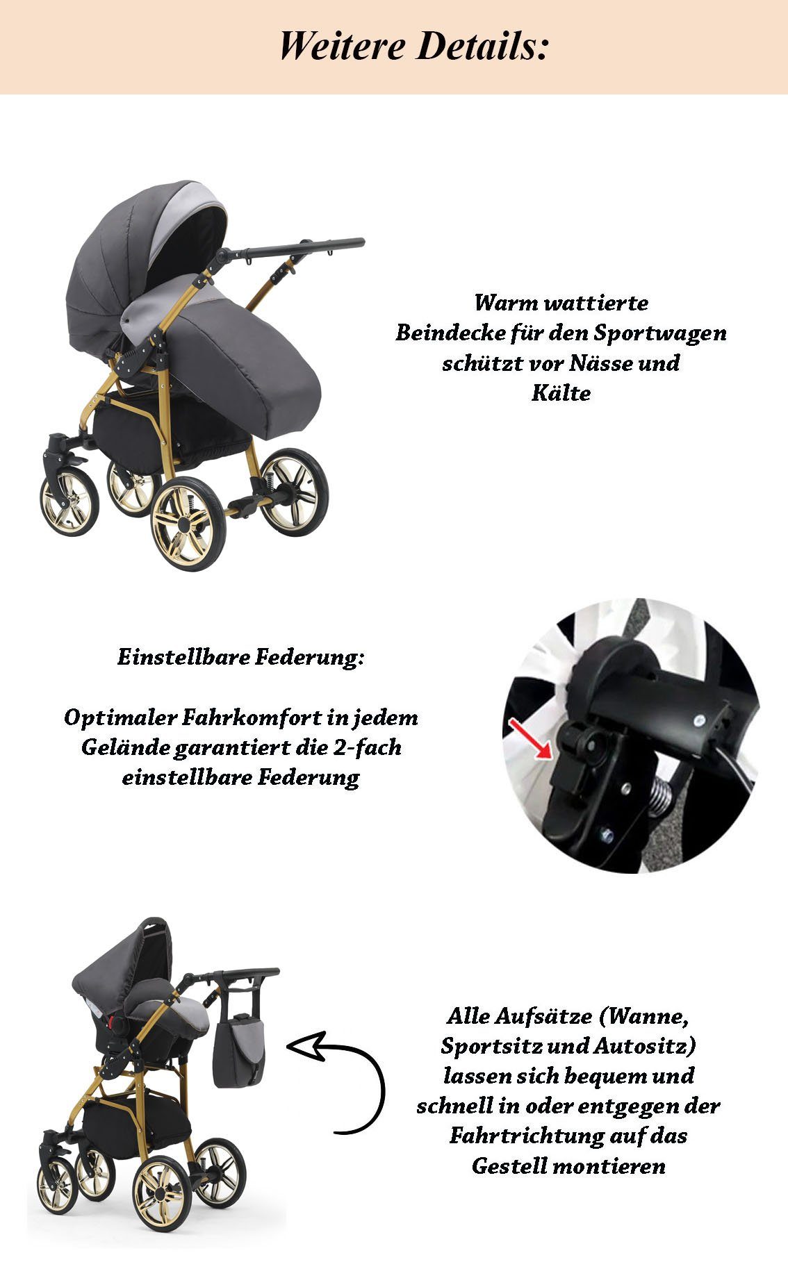 Hellgrau-Weiß 46 Farben in Cosmo Kinderwagen-Set Kombi-Kinderwagen in ECO 1 - 13 - Gold 2 babies-on-wheels Teile