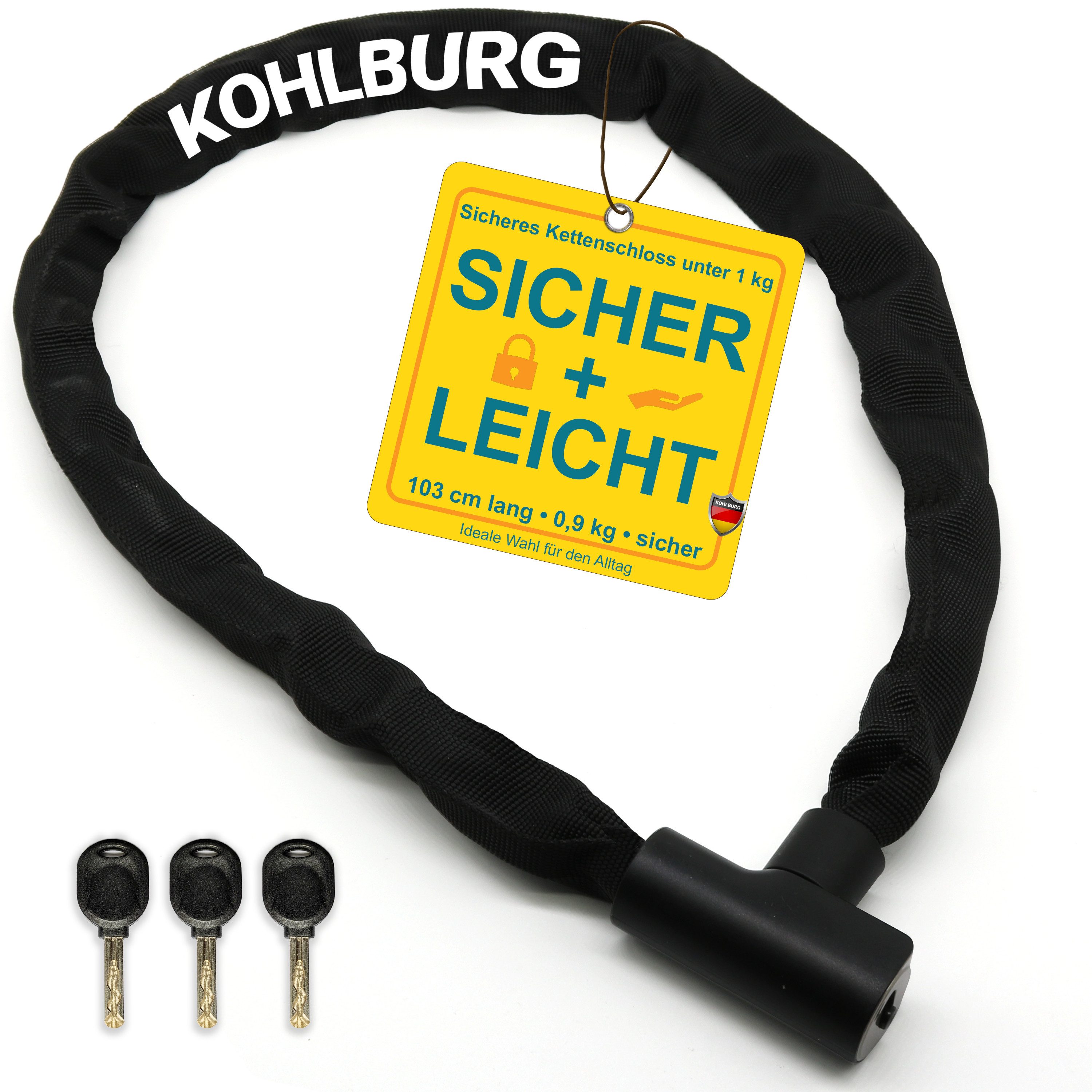 KOHLBURG Kettenschloss [6mm Titan-Stahl] Sicheres Fahrradschloss mit Zuklick-Mechanismus, 3 Schlüssel • 103 cm lang • für Fahrrad, E-Bike & E-Scooter