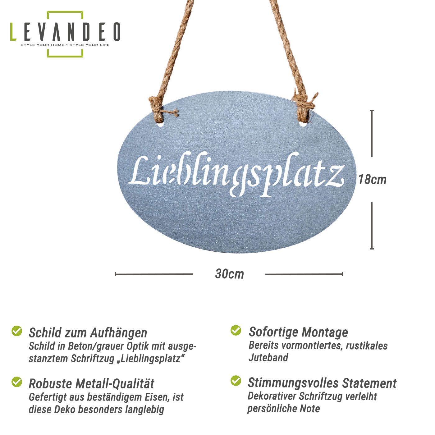 Levandeo® Metallbild, Lieblingsplatz Schild 30x18cm Garten-Deko Anhänger Türschild Beton