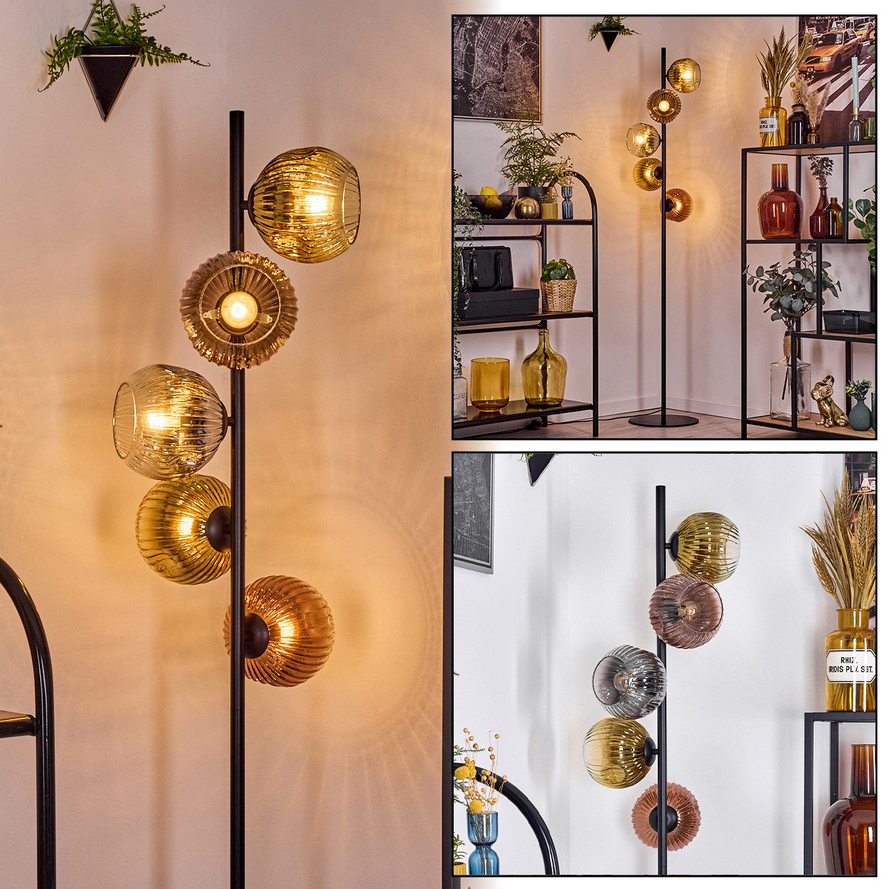 hofstein Stehlampe Stehlampe aus Metall/Riffelglas, Schwarz/Kupfer/Rauch/Gold/Klar, E14, ohne Leuchtmittel, moderne Stehleuchte, Retro-Design, Ø Schirme 15cm, Fußschalter, 160cm
