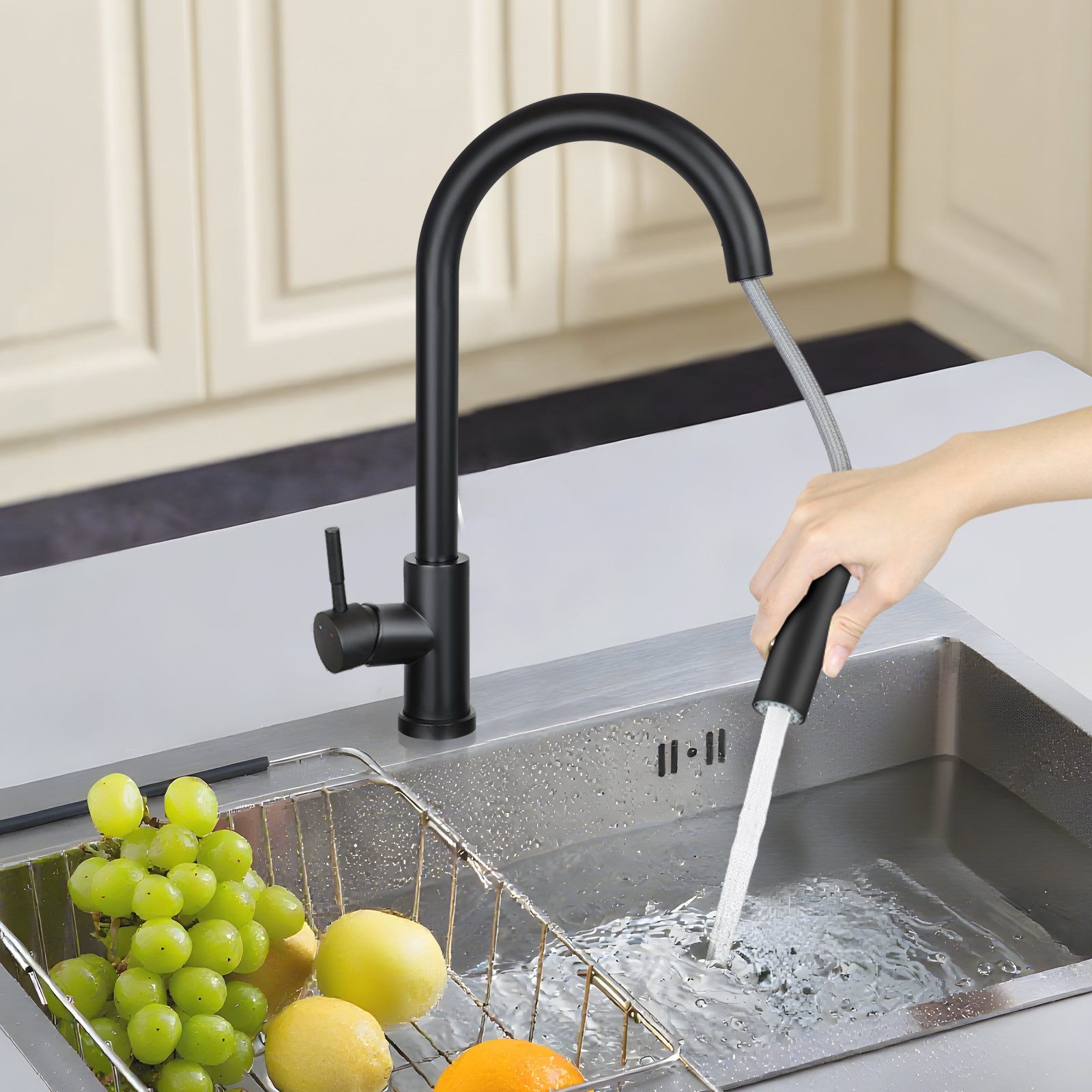 Nettlife Küchenarmatur Ausziehbar Schwarz Wasserhahn Küche Spültischarmatur mit Brause Edelstahl Mischbatterie Spüle 360° Drehbar mit 2 Strahlarten