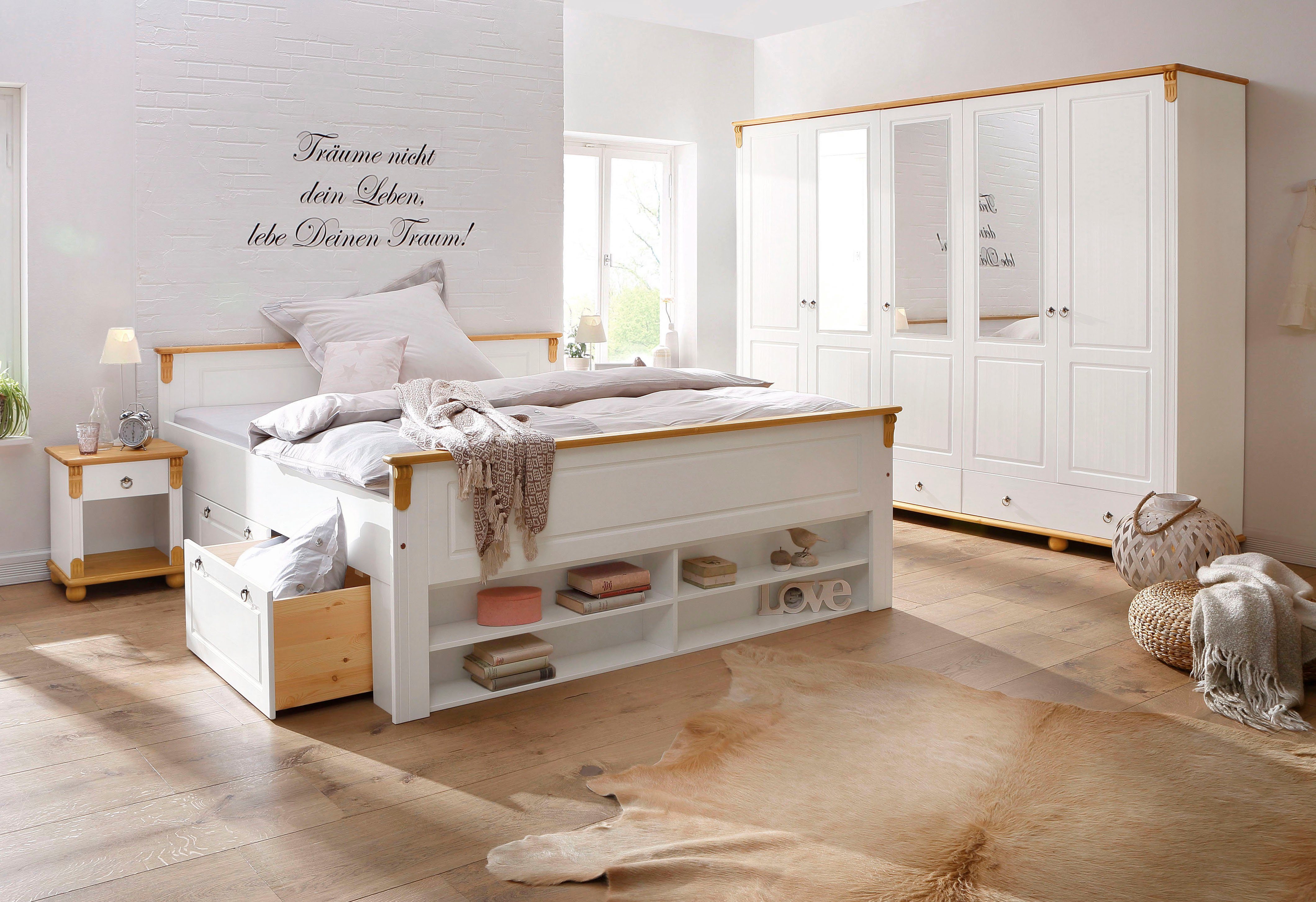 OTTO home Massivholzbett Tessin, Stauraumbett, Landhausstil, Schubladen optional, rustikal (Breite/Belastbarkeit 180cm/220 KG, 140cm/180 KG), zertifizierte Kiefer, Kassetten-Optik, stabile Qualität
