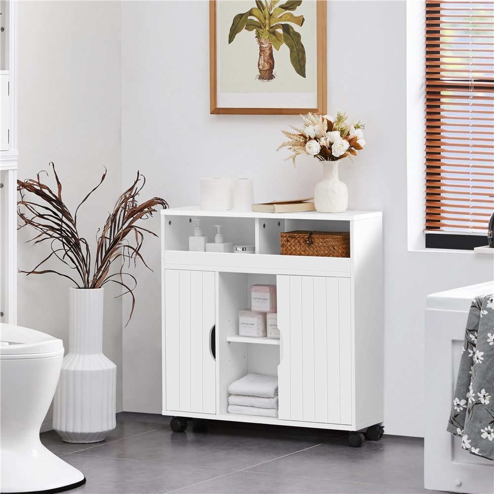 Yaheetech Badkommode Badezimmerschrank 70 × 20 × 72 cm, mit Schiebetüren & 4 Räder mit Bremsen & 7 Fächern