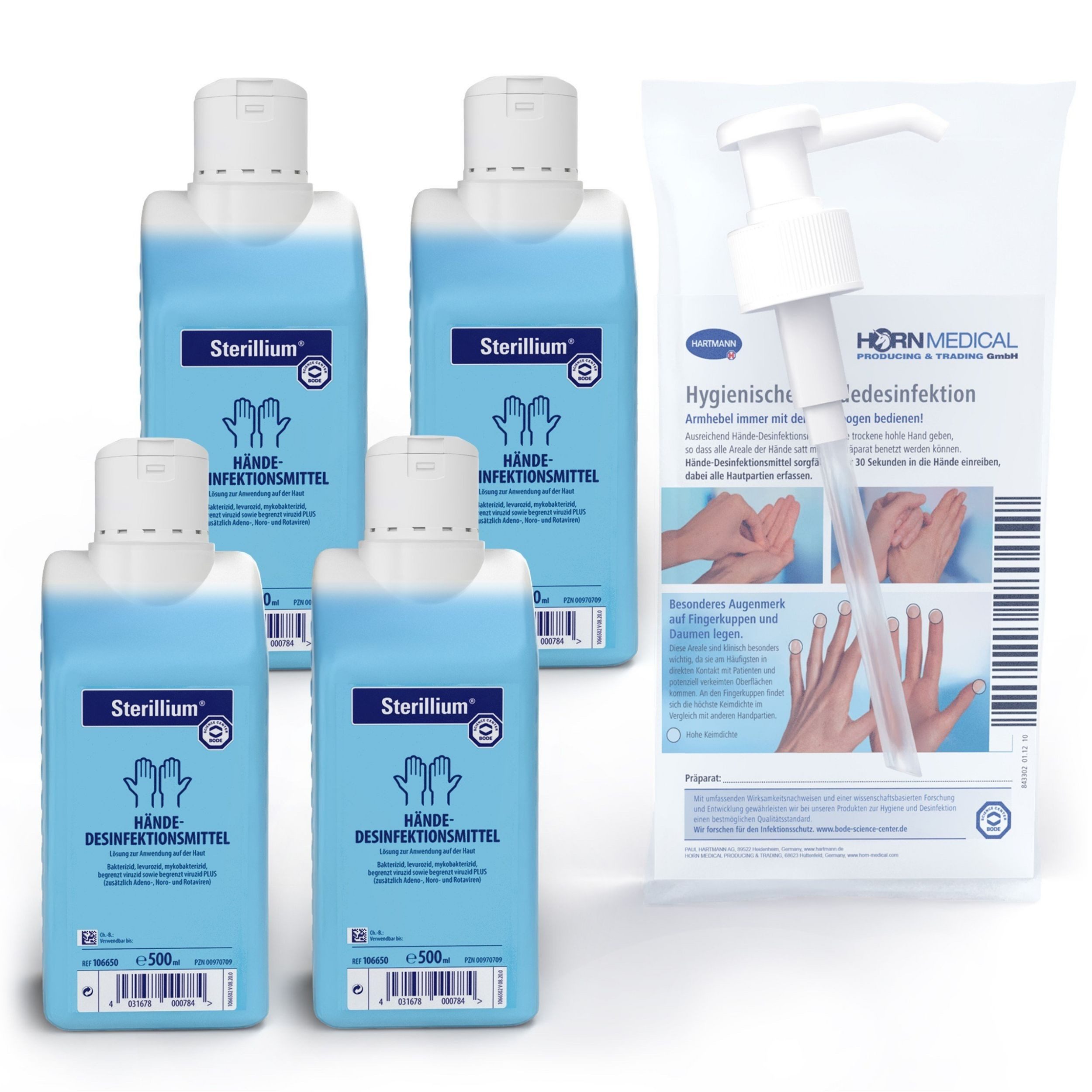 PAUL HARTMANN AG Horn Medical Dosierpumpe inkl. 4 x 500ml Sterillium Hand-Desinfektionsmittel (Spar-Set, [- bekannt & bewährt dank Dosierpumpe sofort einsetzbar)