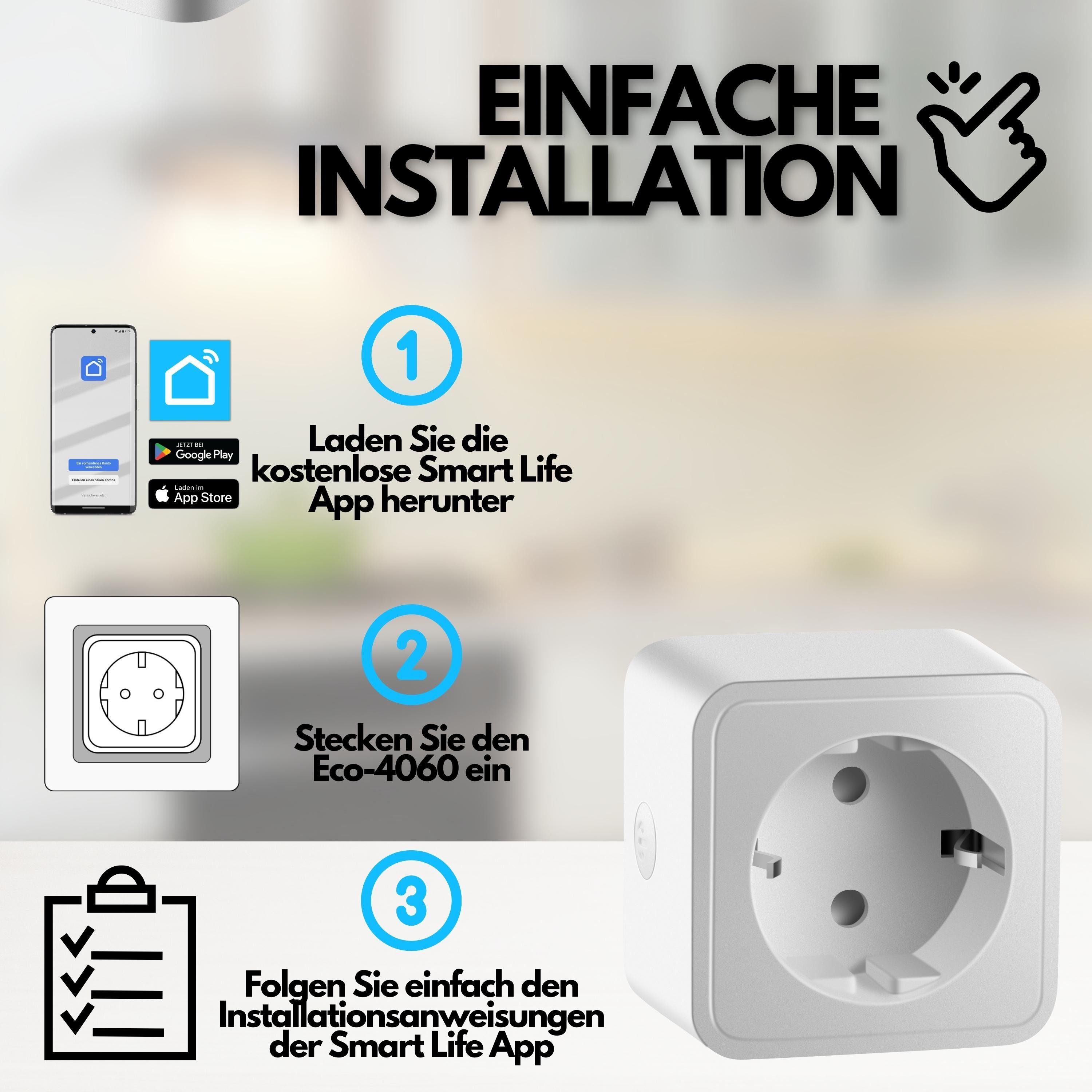 echos WLAN-Steckdose Eco-4060, max. 3680 W, Spar-Set, Steuerung per App,Alexa/ Google kompatibel,WLAN, 2.4 GHz,Max. 16A