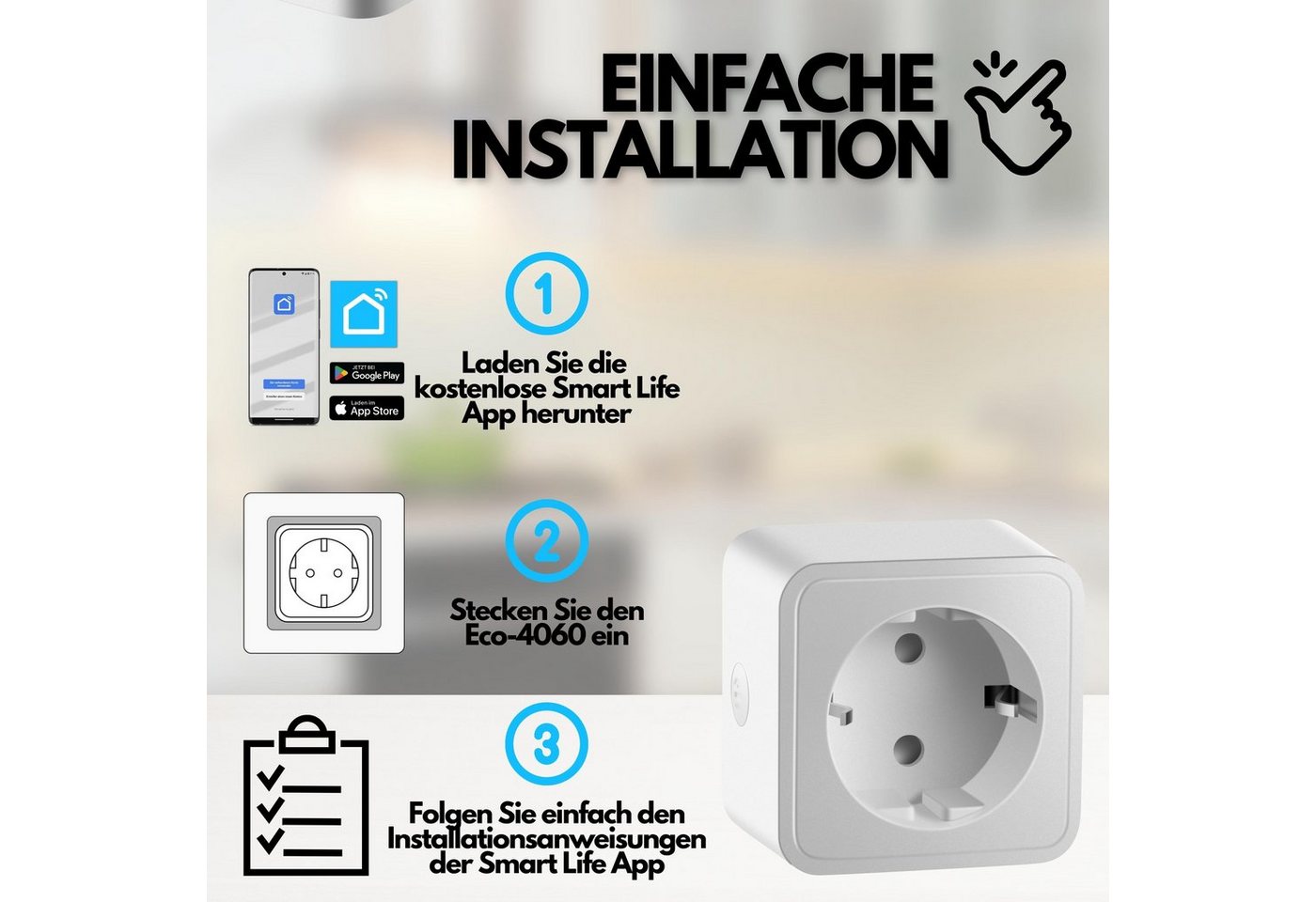 Thumbnail - echos WLAN-Steckdose Eco-4060, max. 3680 W, Spar-Set, Steuerung per App,Alexa/ Google kompatibel,WLAN, 2.4 GHz,Max. 16A