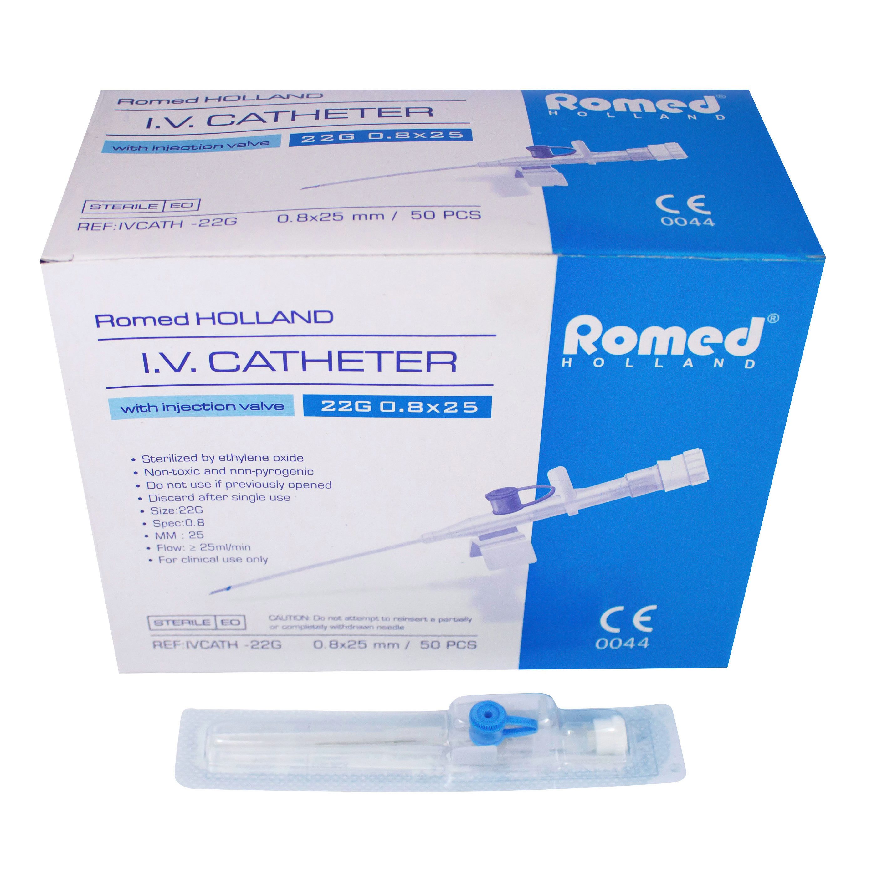 Romed Einwegspritze I.V. Katheter Venenverweilkanülen, steril, (Packung, 50-St), 22G blau, 0,9 x 25 mm, ca. 36 ml/min, einzeln steril