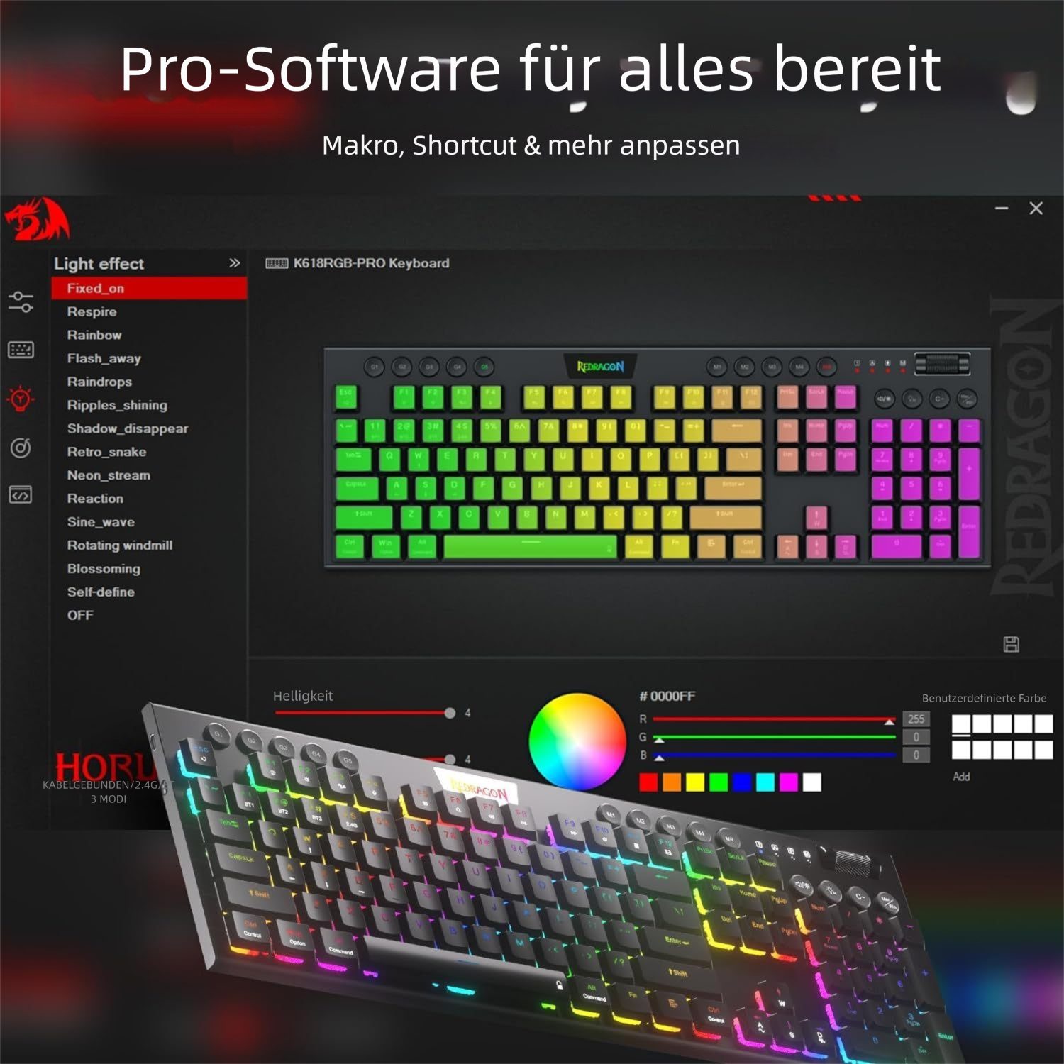 Redragon K618 Mechanische Tastatur RGB, 3-Modus BT/2,4G/USB-C, Low Profile Gaming-Tastatur (Ultradünn 30 %, rote Schalter, Makrotasten, kabellos & kabelgebunden)