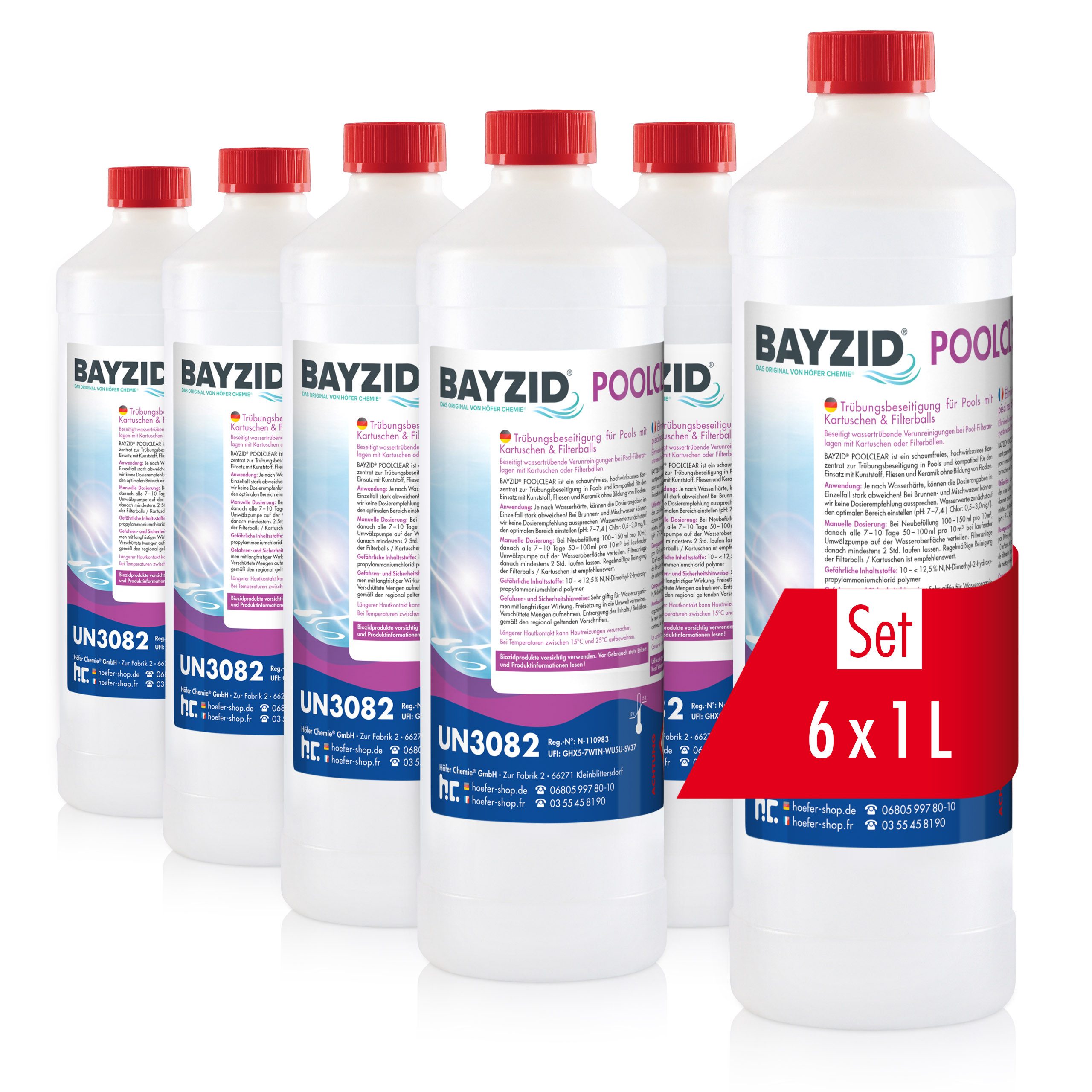 Höfer Chemie GmbH Poolpflege 6x 1 L BAYZID® Poolclear für Pool-Filter mit Kartuschen & Filterballs, Für klares und sauberes Wasser im Pool