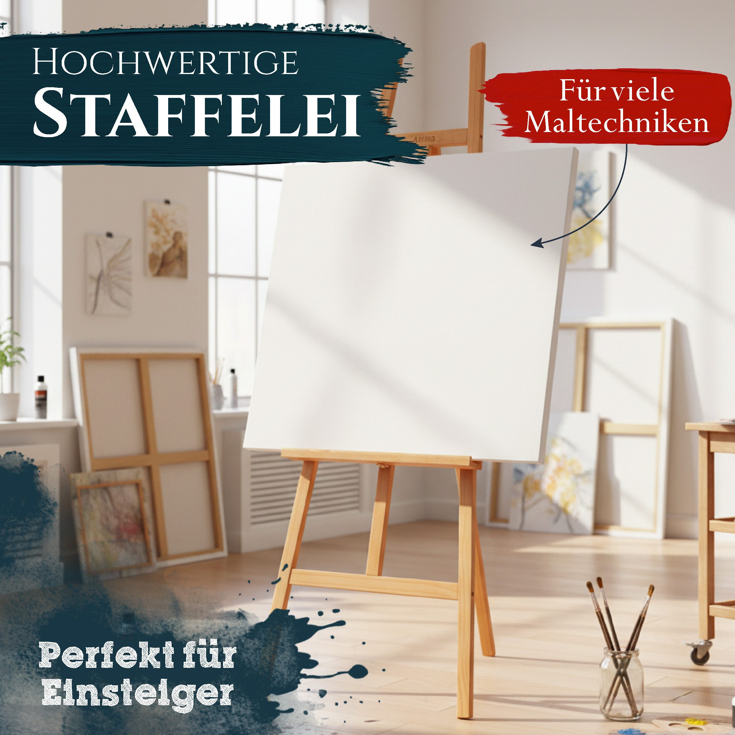 Artina Staffelei Holz Staffelei klappbar Sevilla für Keilrahmen bis 120 cm, & massive Atelierstaffelei aus Buchenholz
