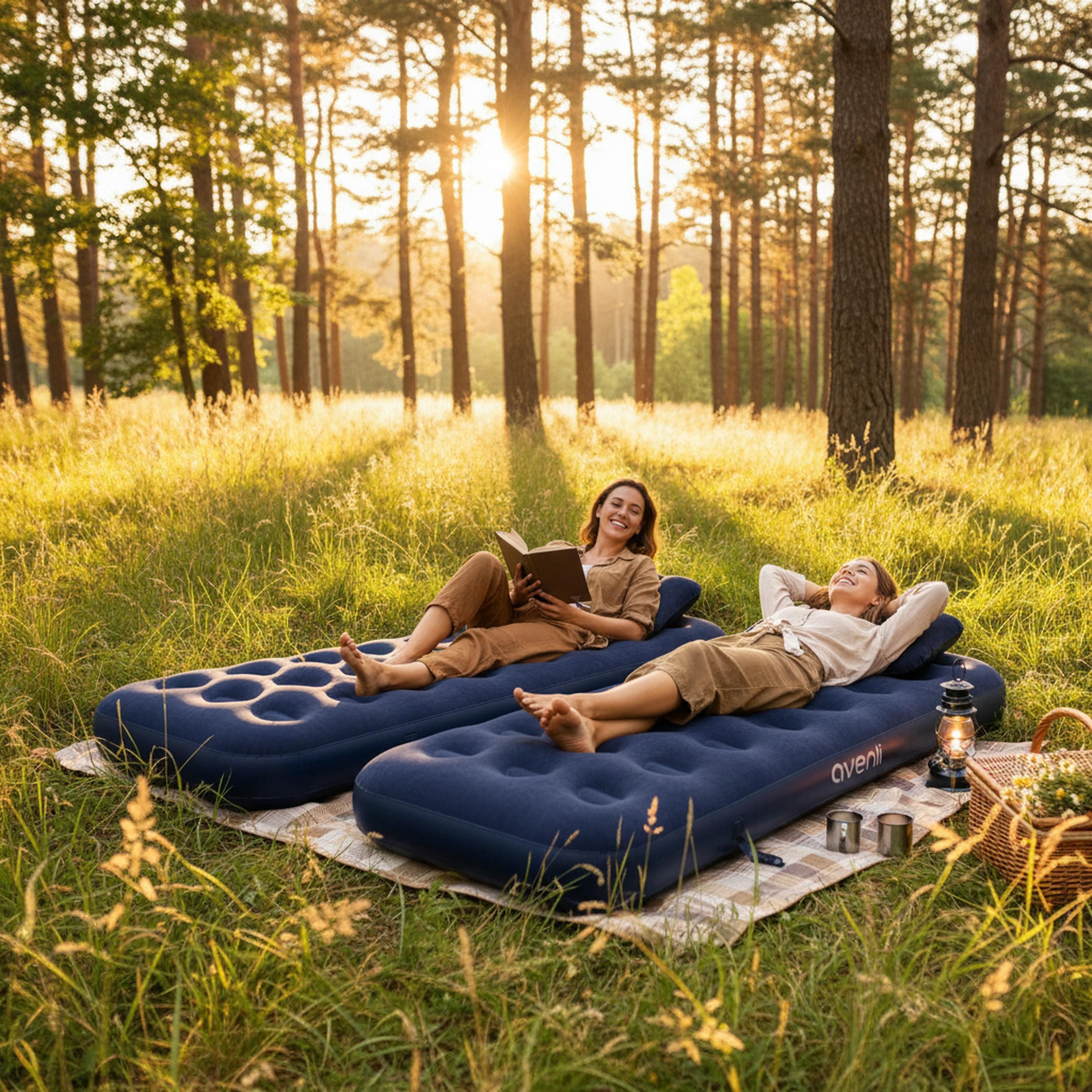 Avenli Luftbett Camping für 1 Person 2 Kissen 2x 191x73x22cm Single-Size, (Luftmatratze aufblasbar Ideal als Reisebett oder Isomatte, 1-tlg., Doppelback mit 2 Matratzen und 2 Kissen), für Indoor und Outdoor mit beflockter Oberfläche