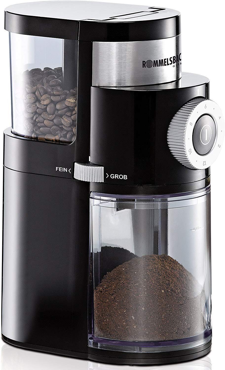 Rommelsbacher Kaffeemühle Rommelsbacher EKM 200 Kaffeemühle mit Scheibenmahlwerk, 110 W, 0.25 g Bohnenbehälter, Teilweise spülmaschinenfest, Individuelle Einstellung des Mahlgrades
